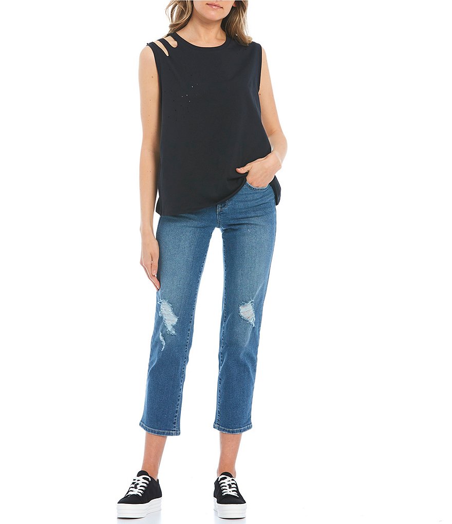 Frayed Reed Distressed Sleeveless Knit Tee