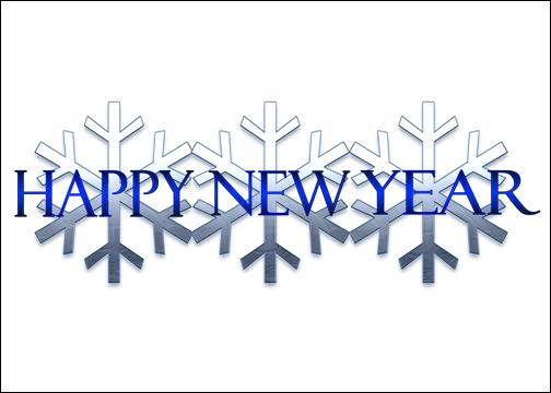 New Year Greeting Cards-Happy New Year-HNY100. Business Greeting Card with Snowflakes and Happy New Year in Blue Shades. Box Set has 25 Greeting Cards and 26 White with Silver Foil Lined Envelopes.