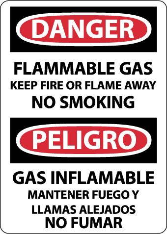 NMC ESD662PB-DANGER, FLAMMABLE GAS KEEP FIRE OR FLAME AWAY NO SMOKING, BILINGUAL, 14X10, PS VINYL (1 EACH)