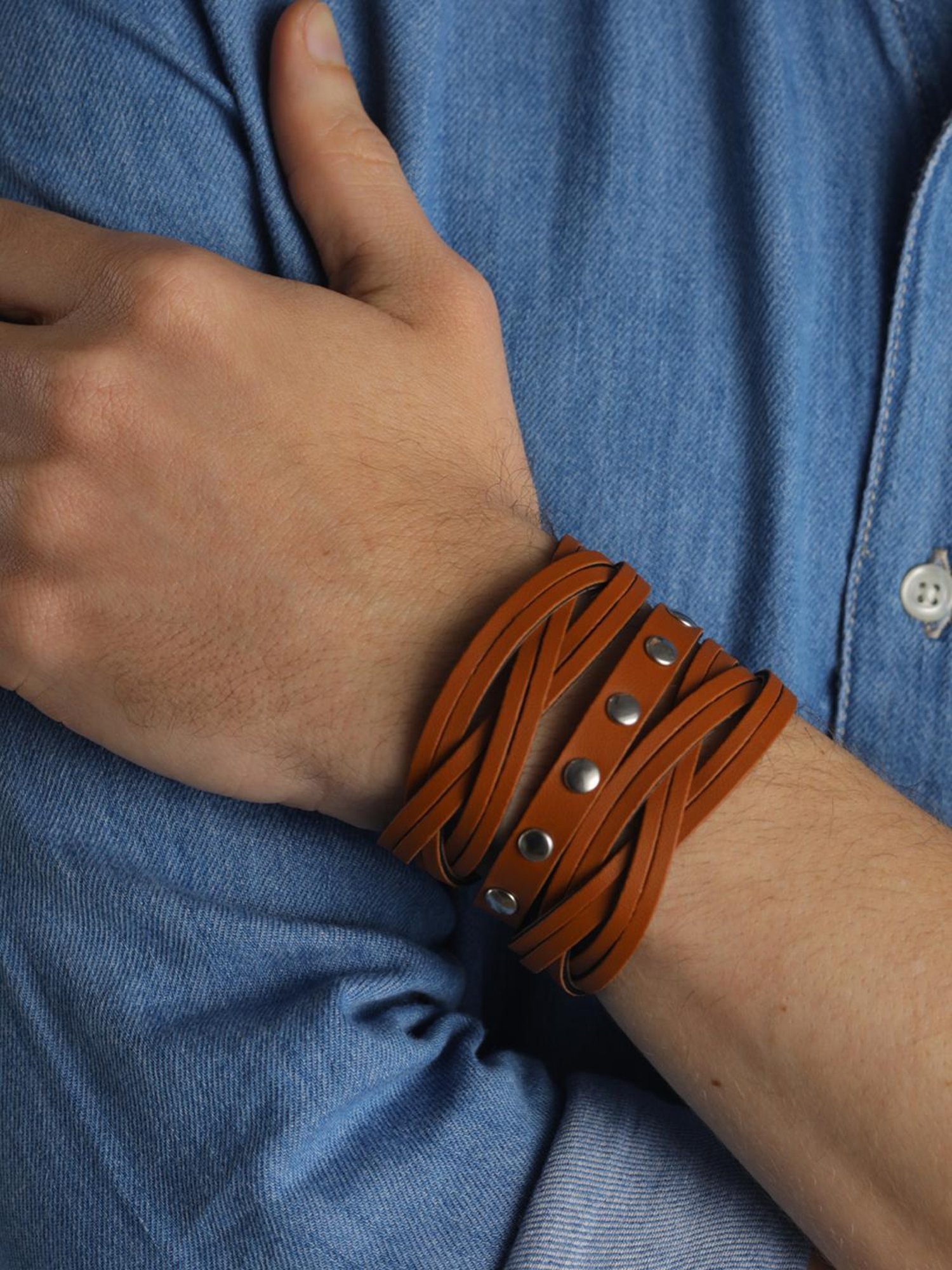 Bold by Priyaasi Brown Weaved Multistrand PU Bracelet for Men