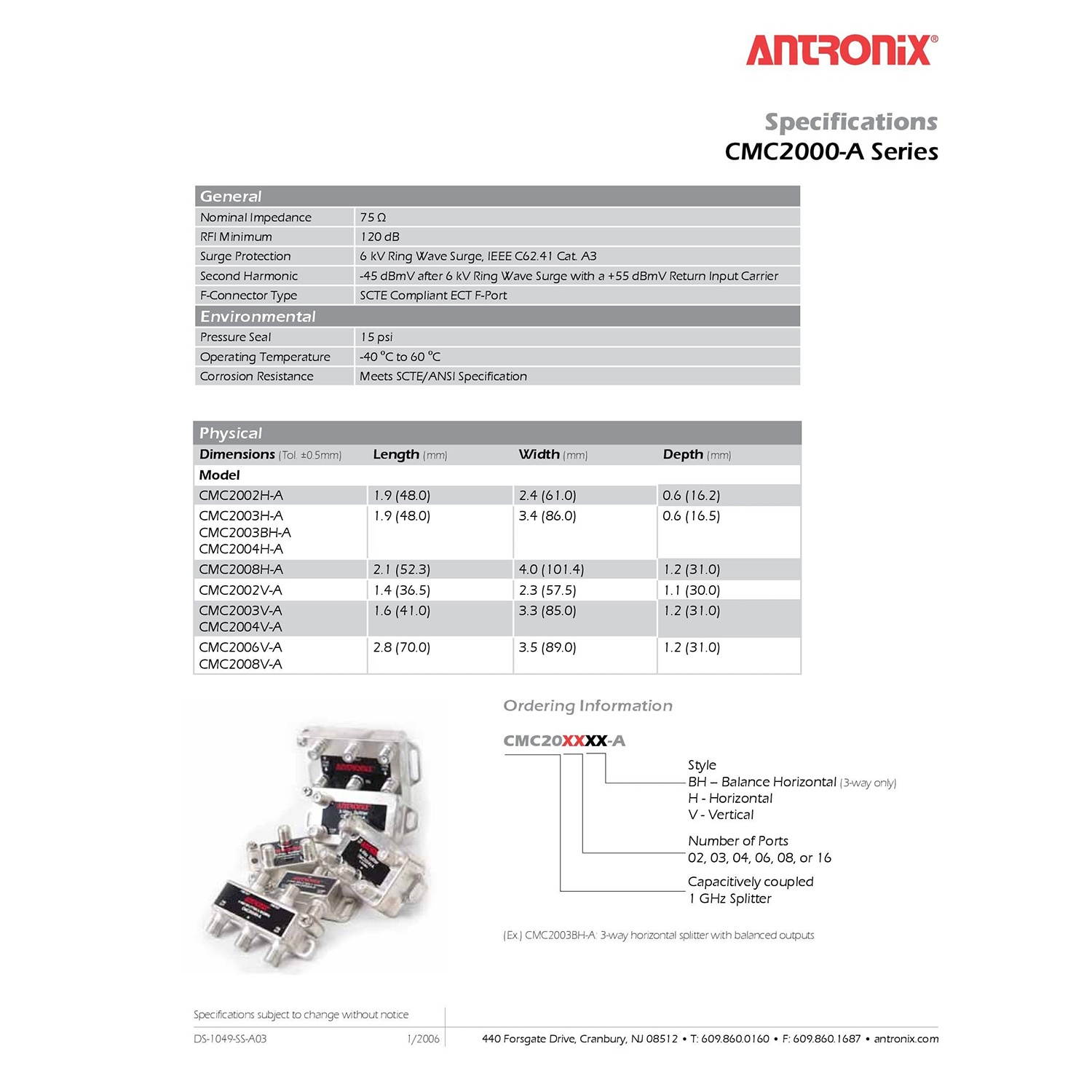 Splitter CMC2004H-A, Broadband RF 4 Output MoCA Capable 5-1002MHZ By Antronix