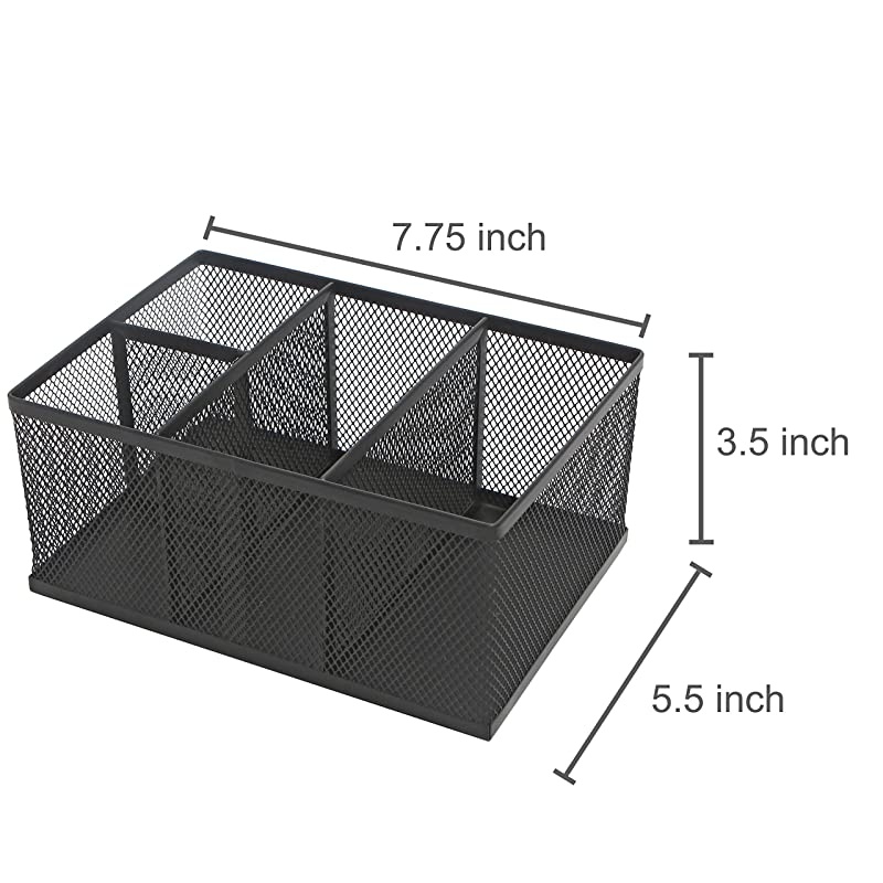 Modern Rectangular Black Metal Mesh 4 Compartment Office Supplies Storage Organizer Caddy Rack