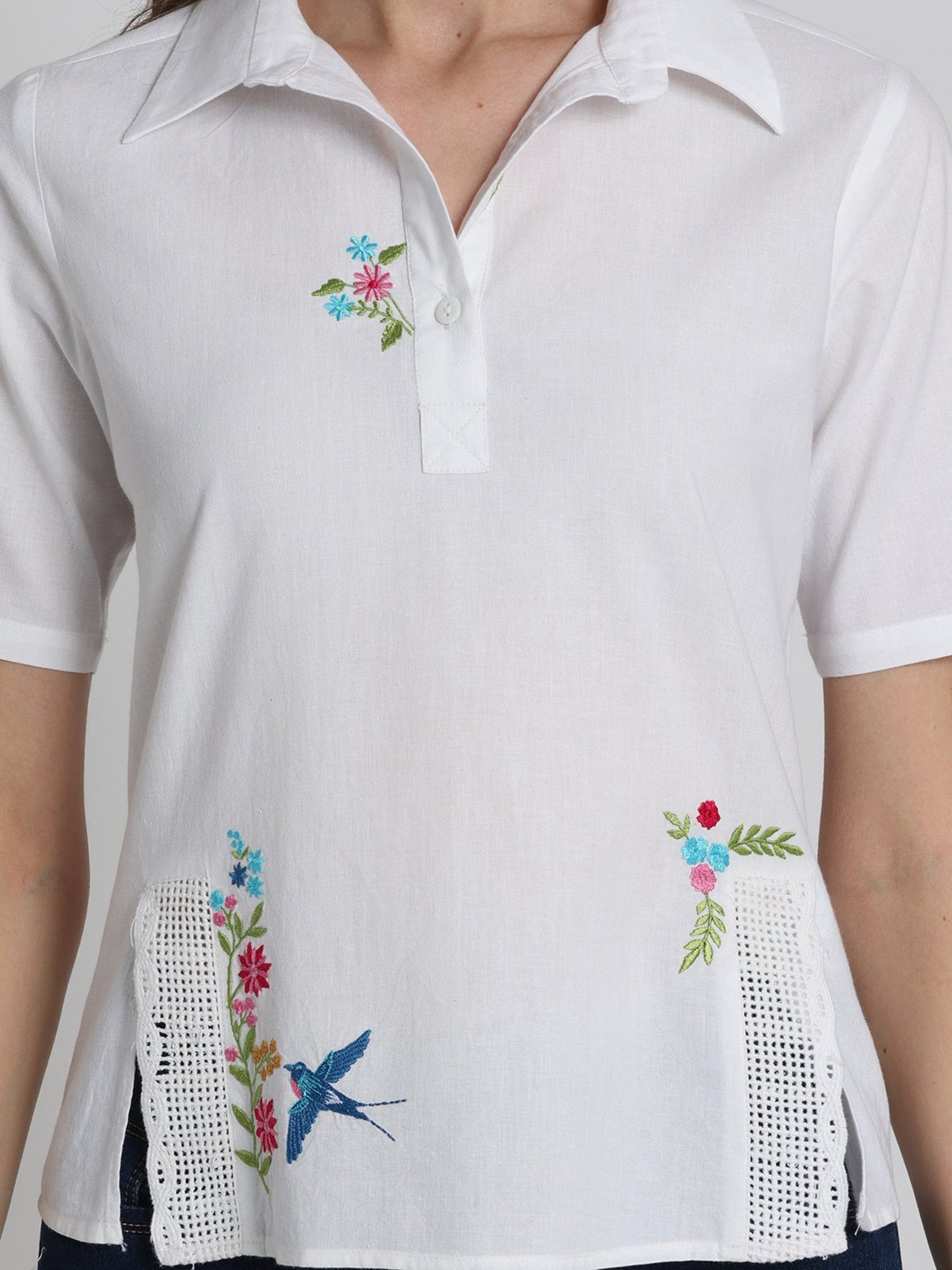SHAYE White Cotton Embroidered Top