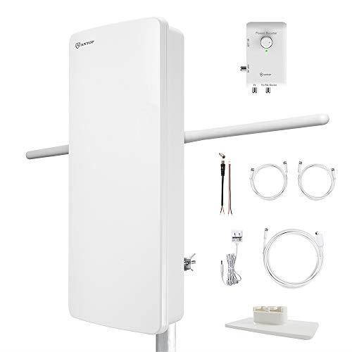 antop antenna hdtv  fm amplified antenna at800sbs with dual outputs smart boost system 85 miles, a second tv or any otaready streaming device or projector