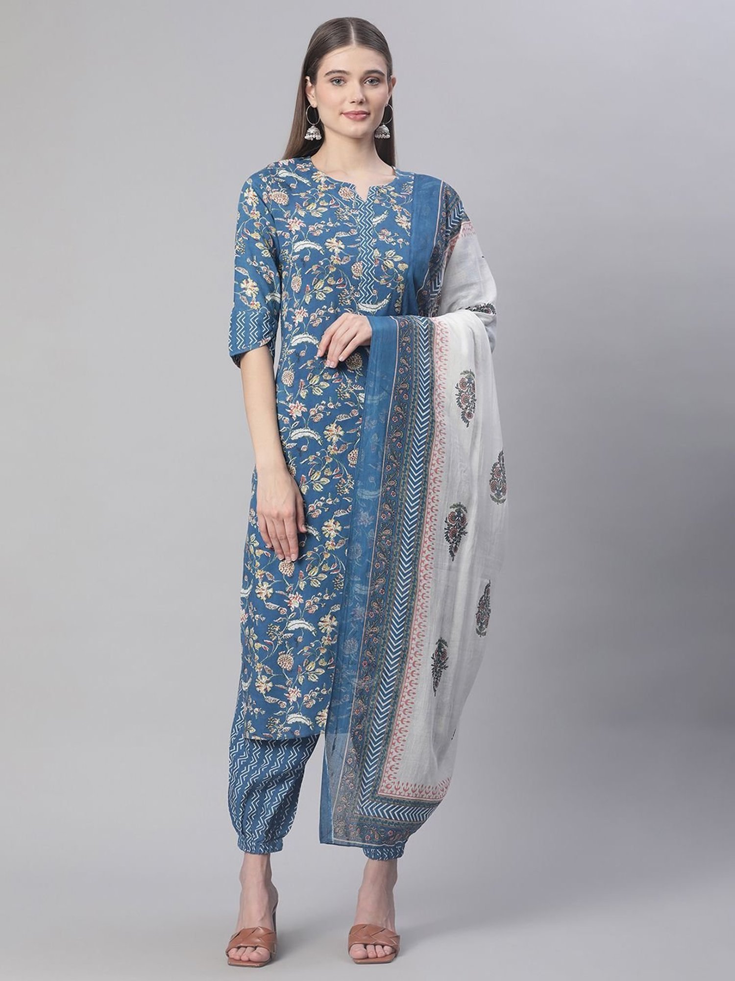 Sringam Blue Floral Print Kurta Pant Set With Dupatta