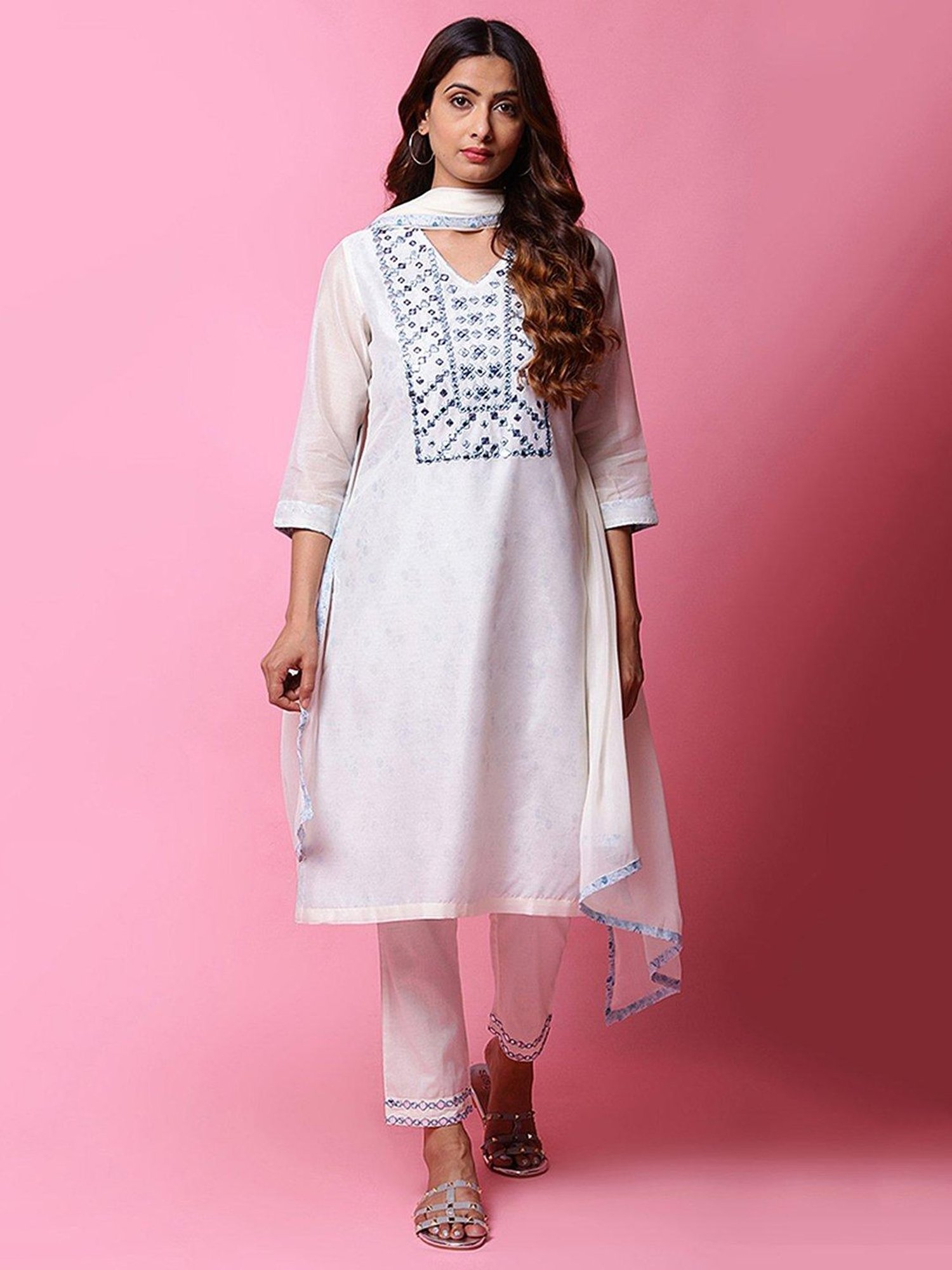 Biba Off White Embellished Kurta With Pant & Dupatta