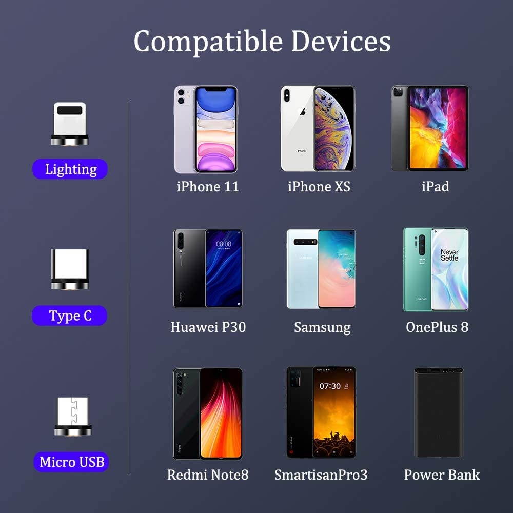 Magnetic Charging Cable 10ft [3-Pack] Melonboy 360&deg&180&deg Rotation Magnetic Phone Charger Cable Nylon Braided 3 in 1 Magnetic Cable Compatible with Micro USB Type C and iProduct - Black