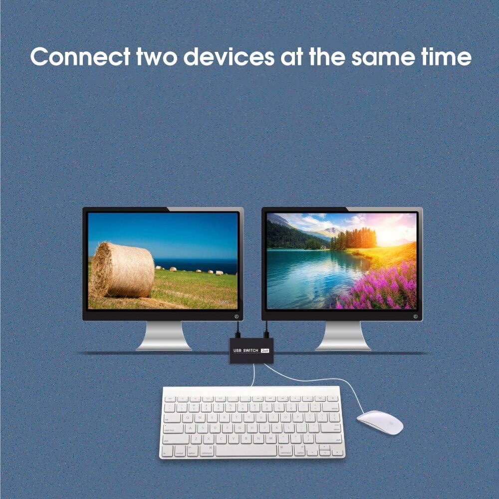 USB KVM Switch Box with 2USB Cable 2Port USB 2.0 Switcher Sharing 4 Devices for Keyboard Mouse Printer Monitor