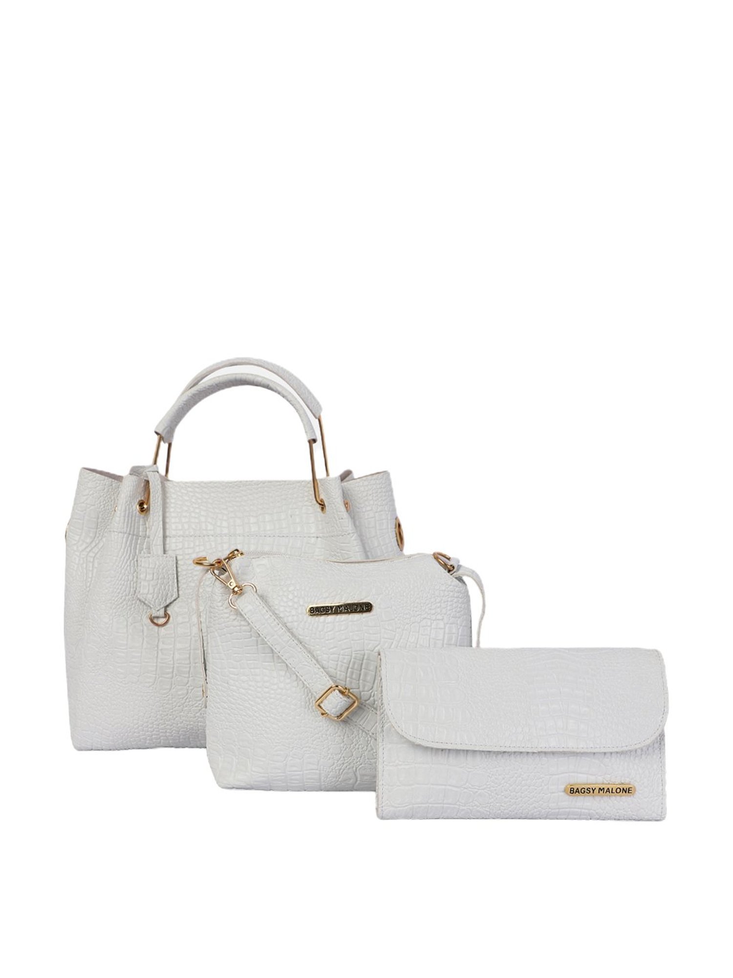 Bagsy Malone Croco White Animal Effect Medium Satchel Handbag - Set of 3