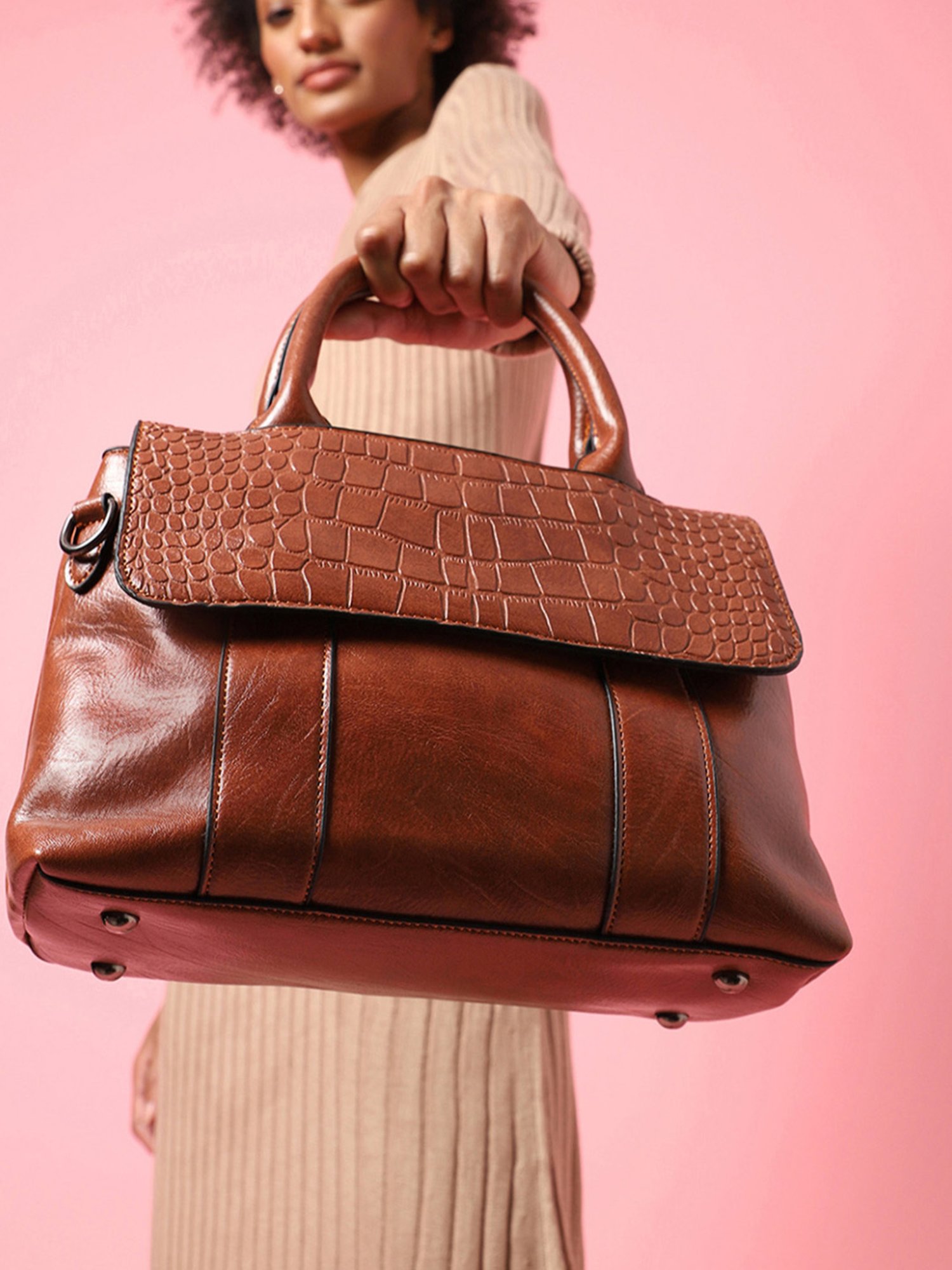 HauteSauce Brown Textured Medium Handheld Handbag