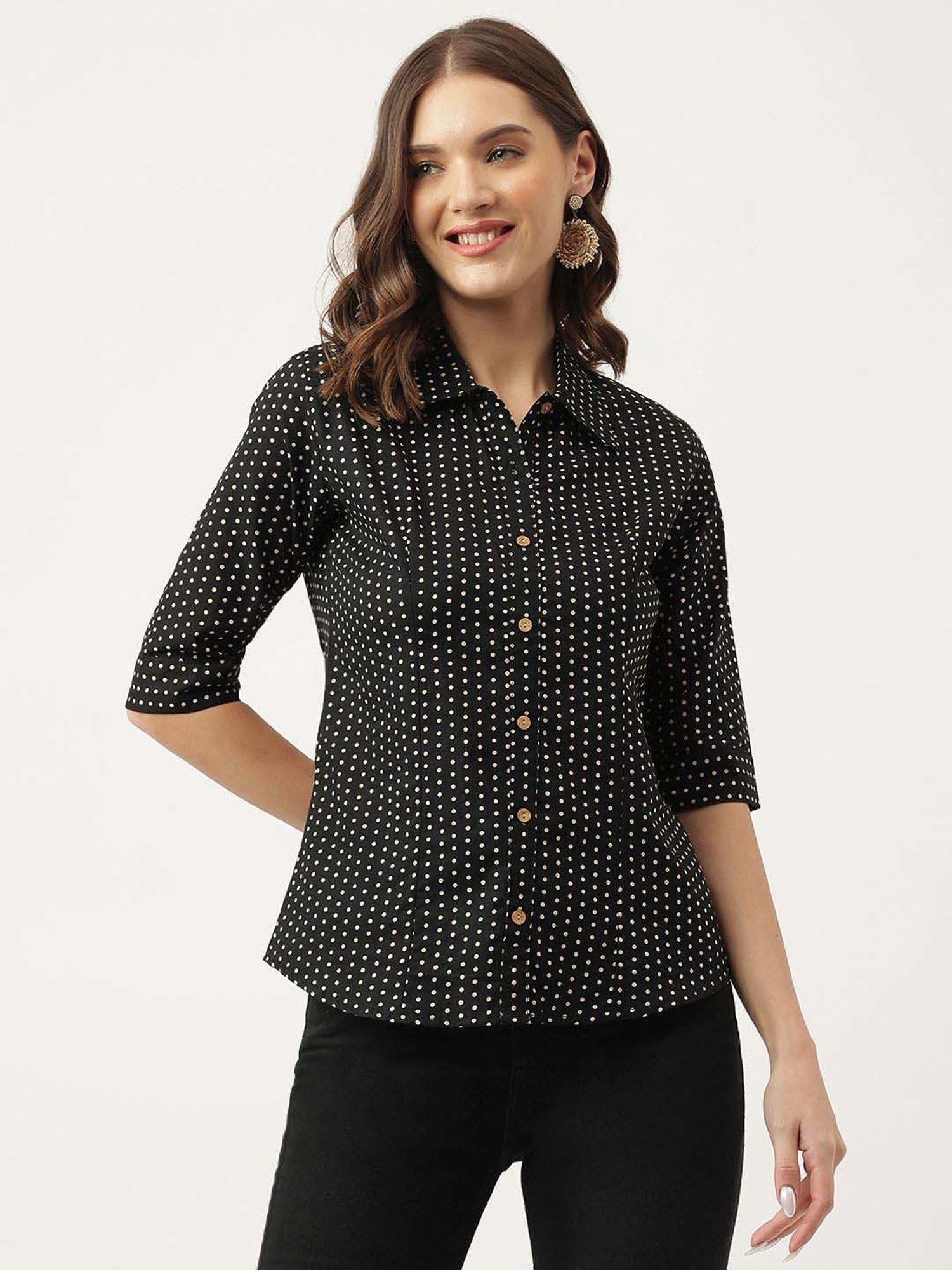 Divena Black Cotton Polka Dots Top