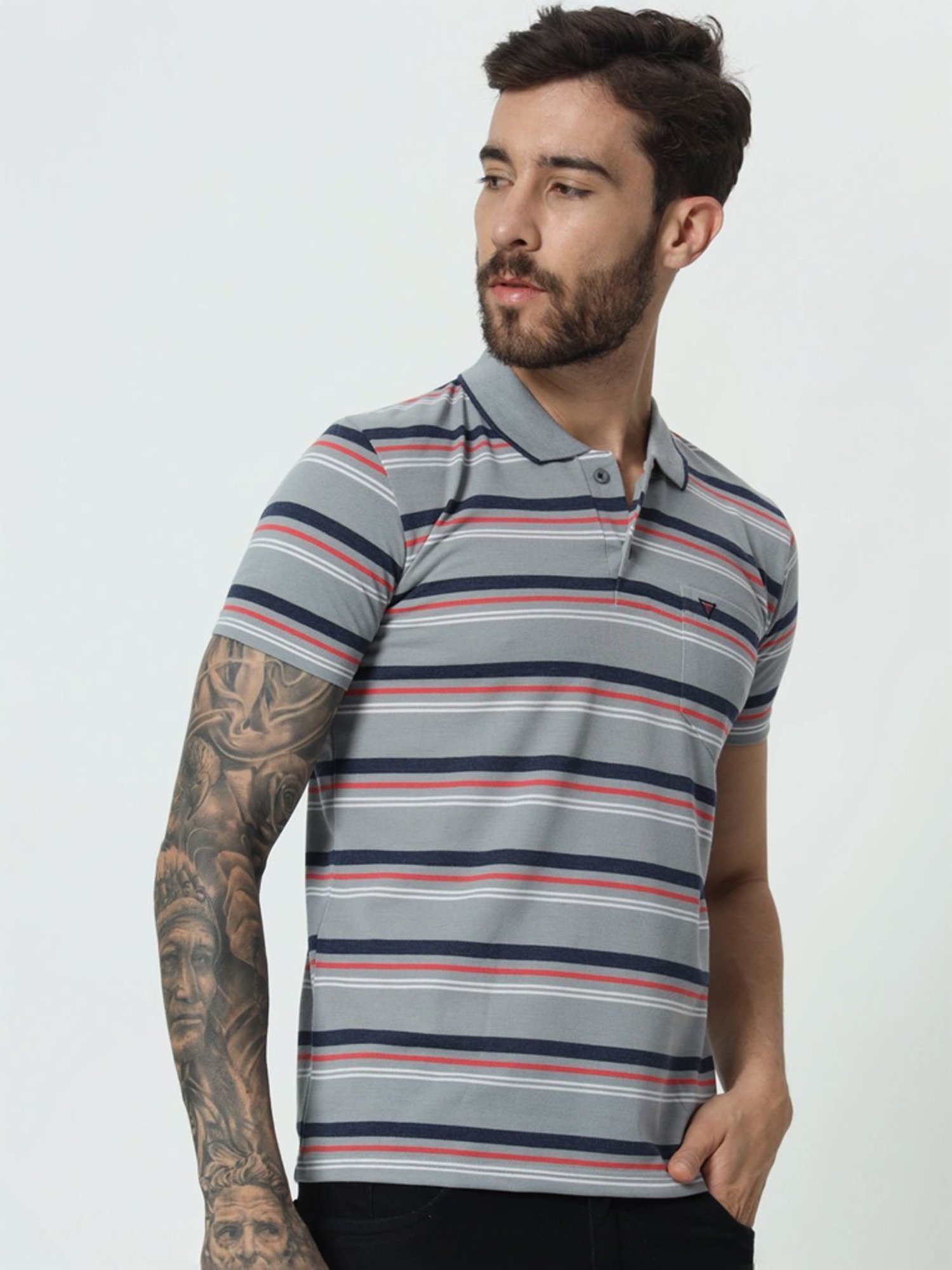 Tab91 Grey Regular Fit Striped Polo T-Shirts