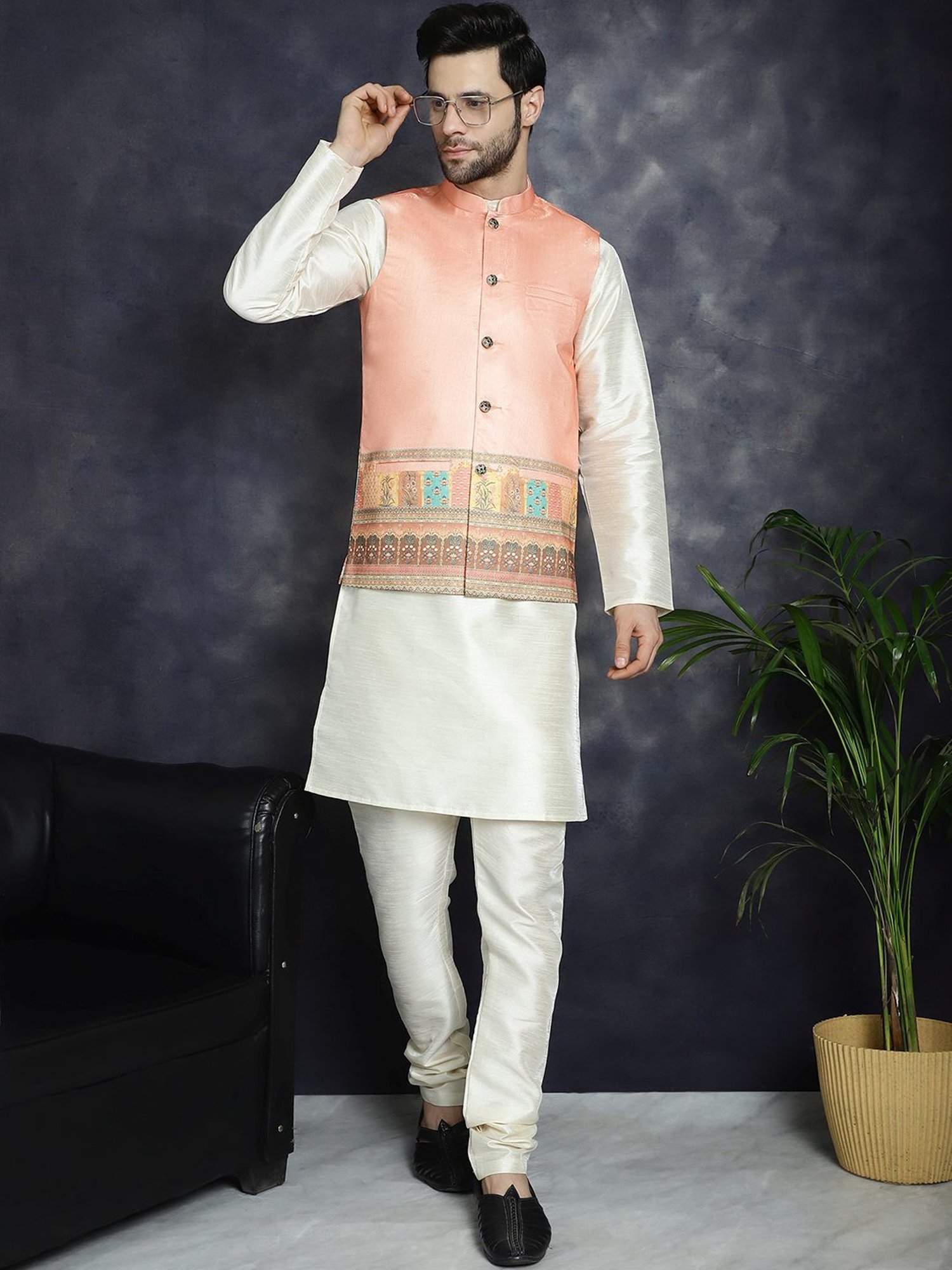 Jompers Peach Regular Fit Printed Nehru Jacket