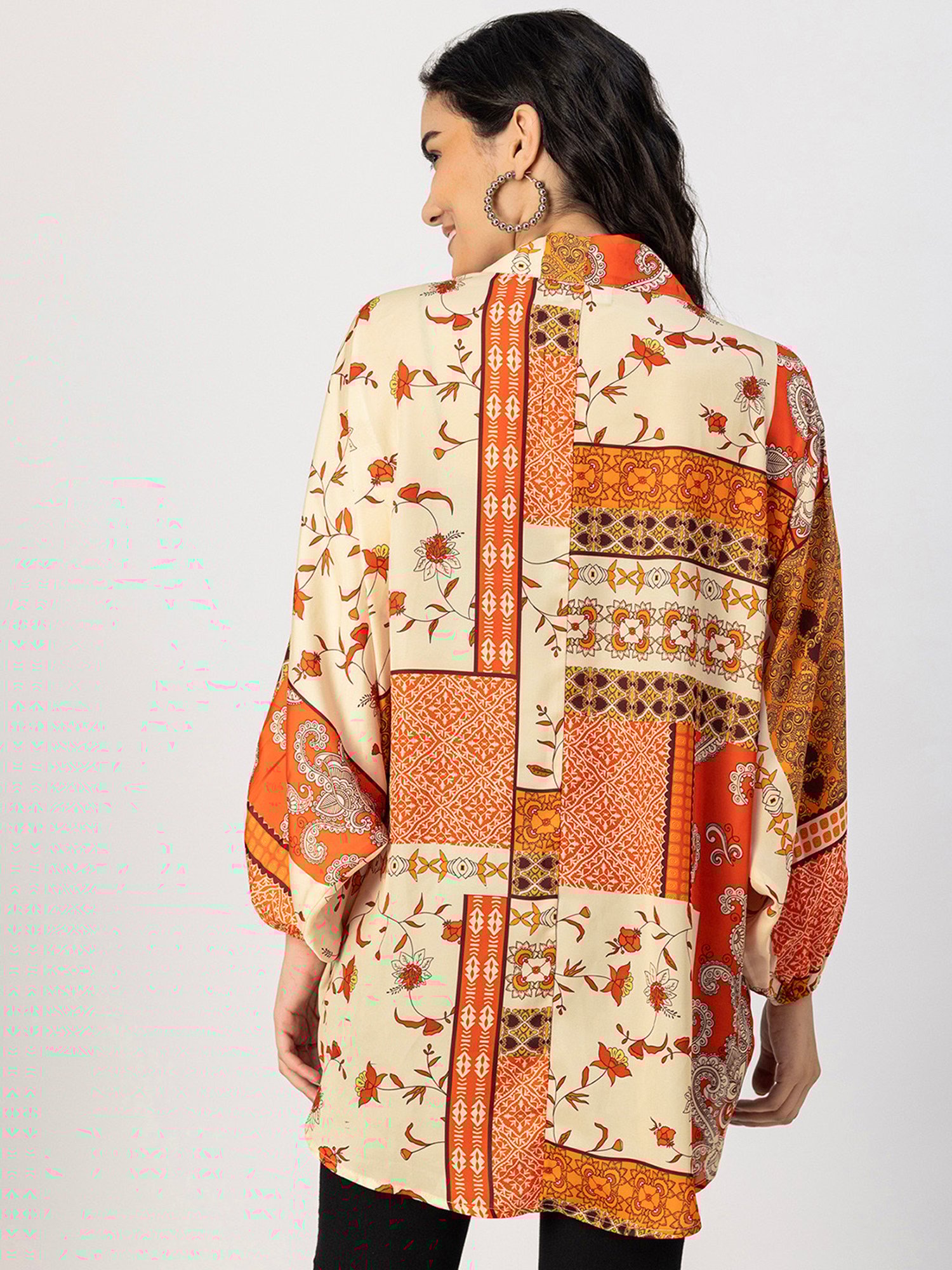 Moomaya Orange & Beige Floral Print Shrug