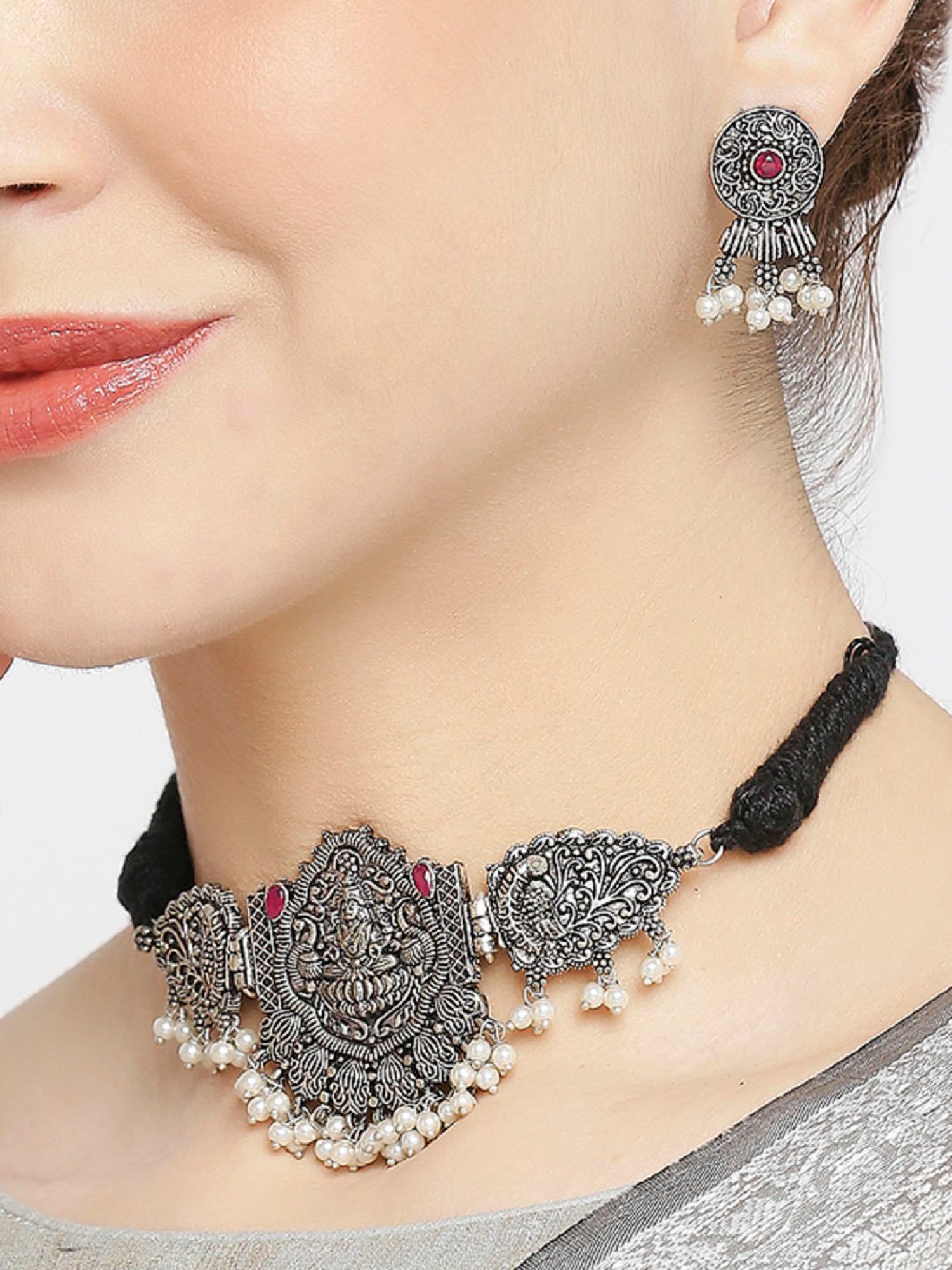 OOMPH Oxidized Silver Look Alike Maroon Stone StoneChoker Necklace Set with Drop Earrings