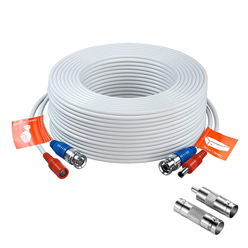 1 Pack 100ft 30 Meters 2in1 Video Power Cable BNC Extension Surveillance Camera Cables for Video Security Systems Included 1X BNC Connectors and 1X RCA AdaptersWhite Color