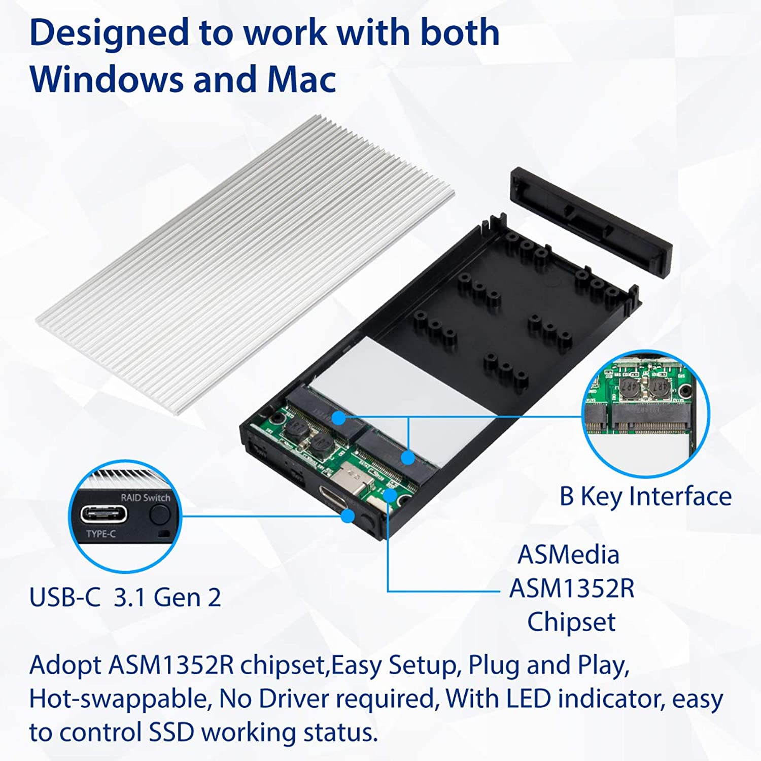 USB C Dual M.2 B-Key SSD RAID Enclosure Adapter, USB 3.1 Gen 2 Type C to Two M.2 SATA B Key Solid State Drive External RAID Enclosure Support RAID 0, RAID 1, JBOD and Individual Mode