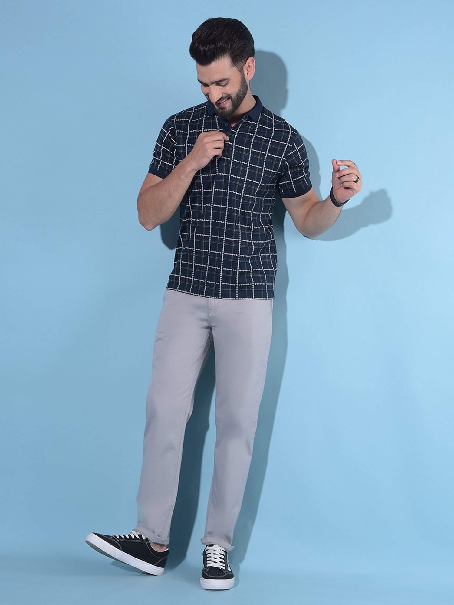 Crimsoune Club Navy Blue Cotton Slim Fit Checks Polo T-Shirt