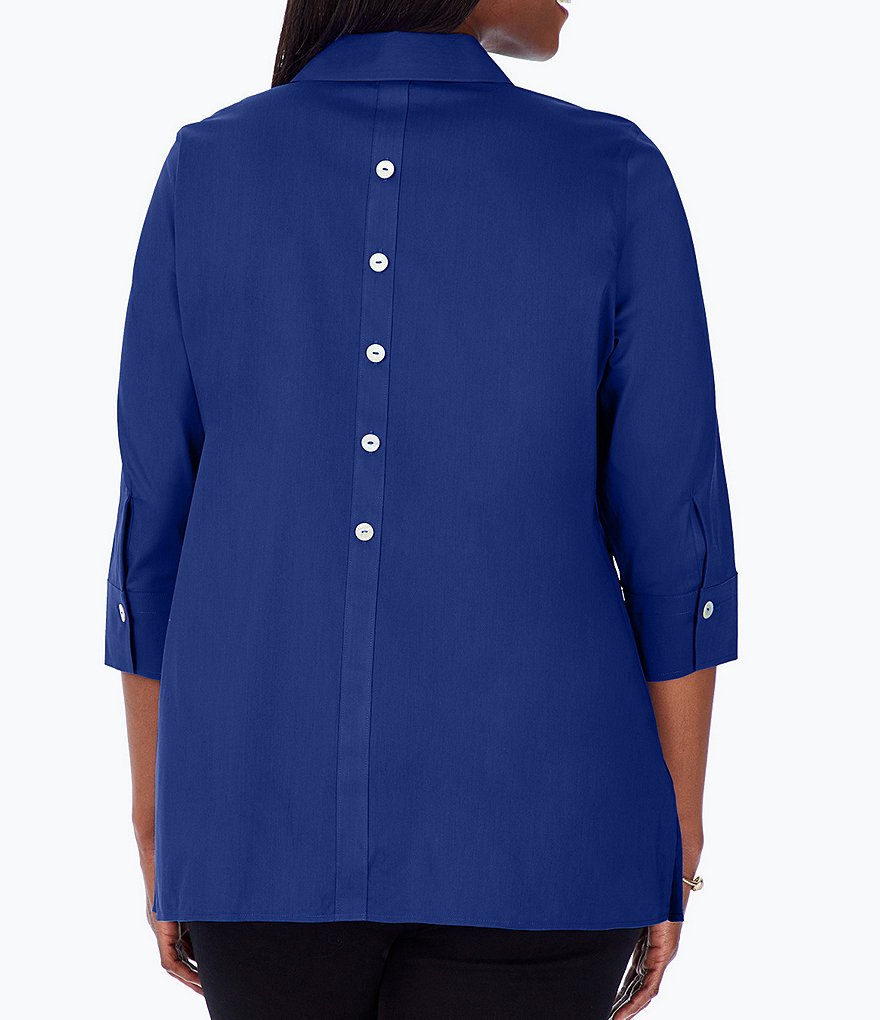 Foxcroft Plus Size Pamela Point Collar Neck 3/4 Sleeve Button Back Shaped Tunic