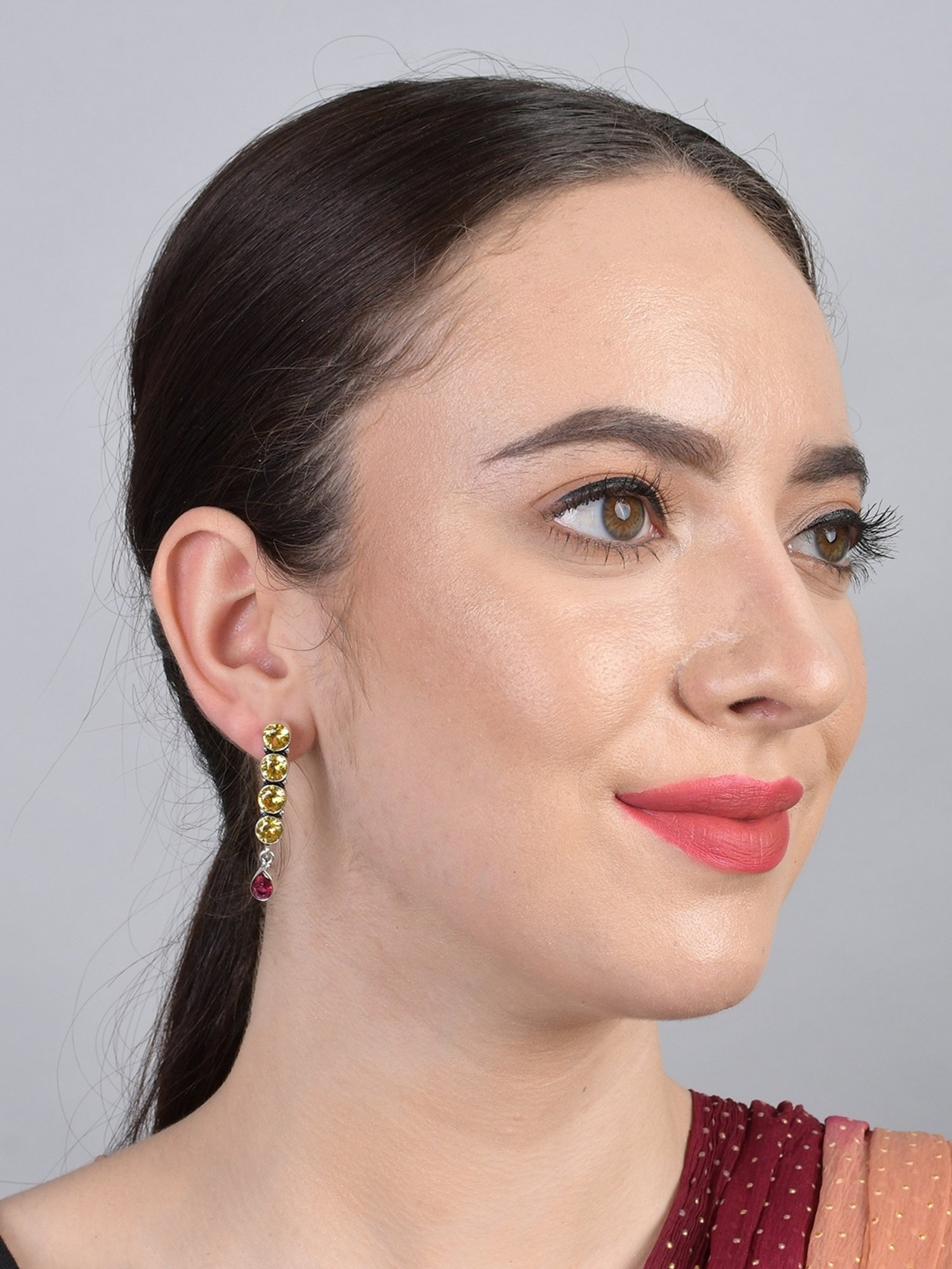 Imli Street Yellow-Pink Silver Tone Stone-Studded Handcrafted Dangler Earrings