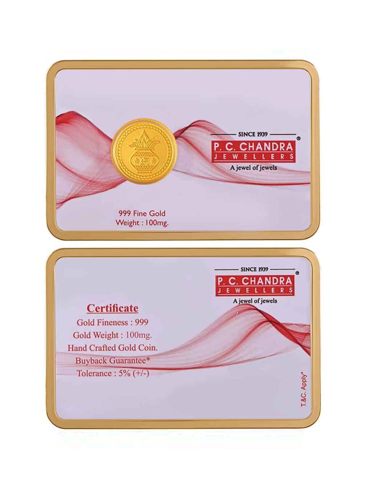 P.C. Chandra Jewellers Pooja Kalash-Inscribed 24k (999) 0.05gm Yellow Gold Foil Coin