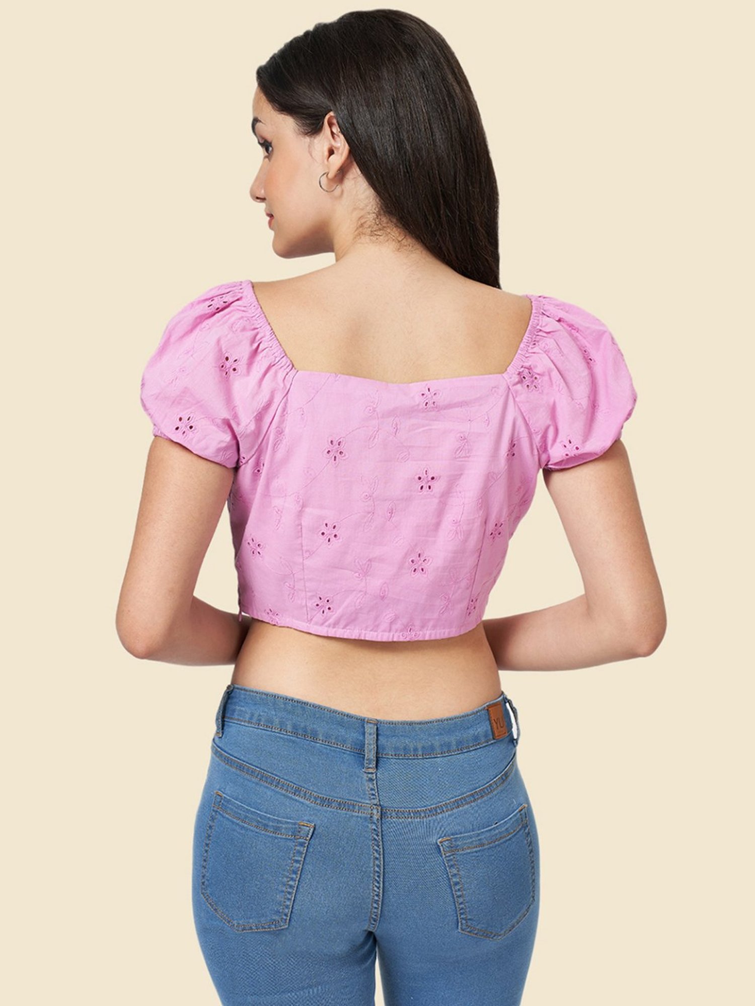 YU by Pantaloons Purple Cotton Self Pattern Crop Top