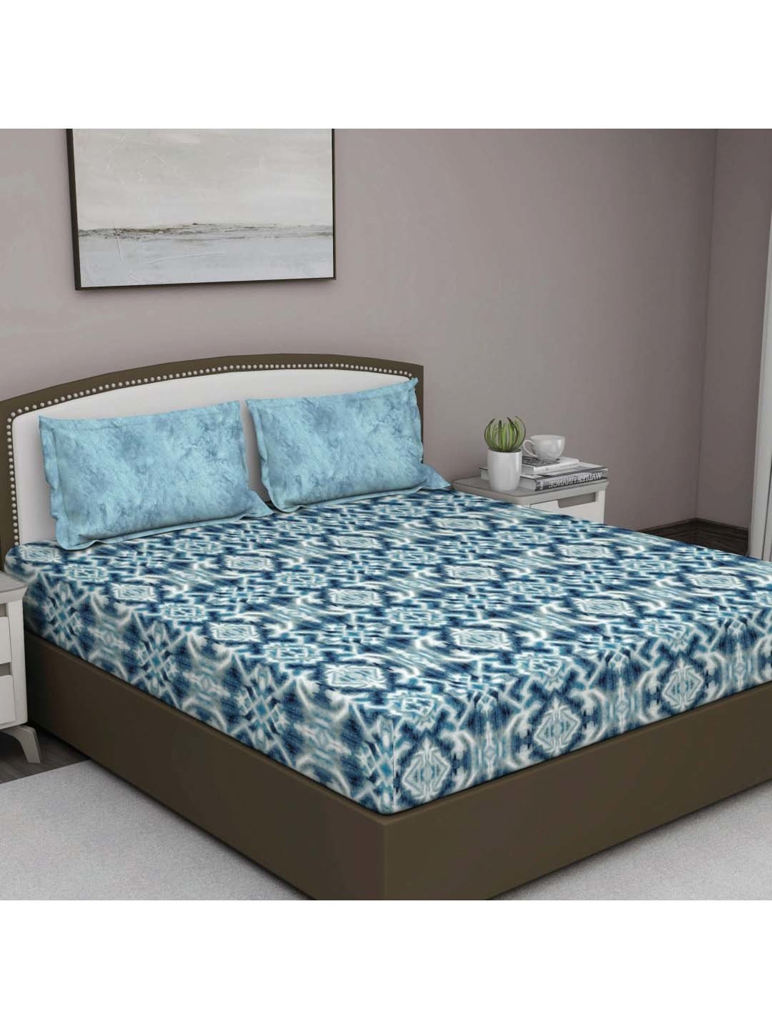 GM 'Serene' Blue Cotton 210 TC Double Bedsheet with 2 Pillow Covers