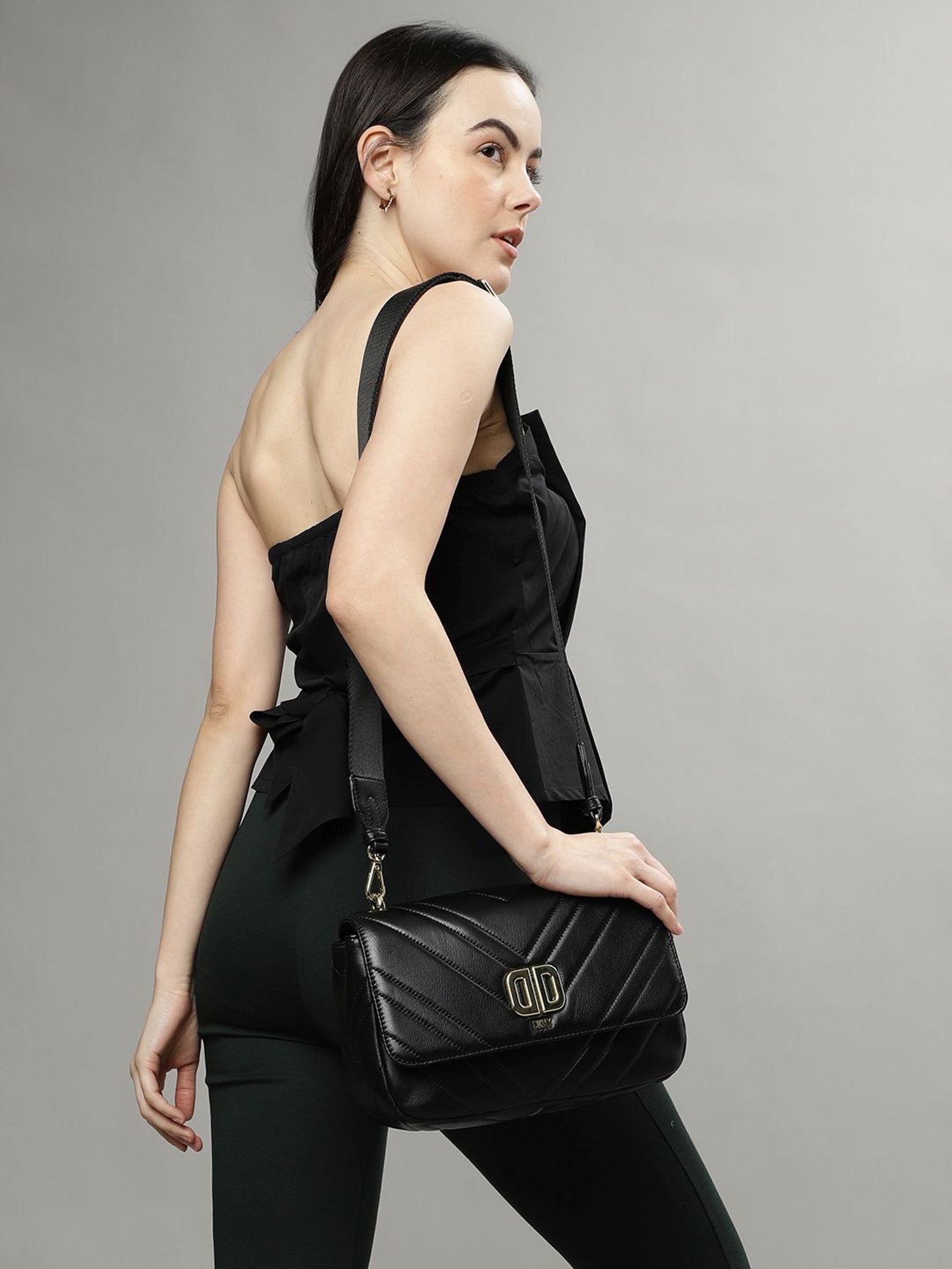 Dkny Black Leather Quilted Sling Handbag