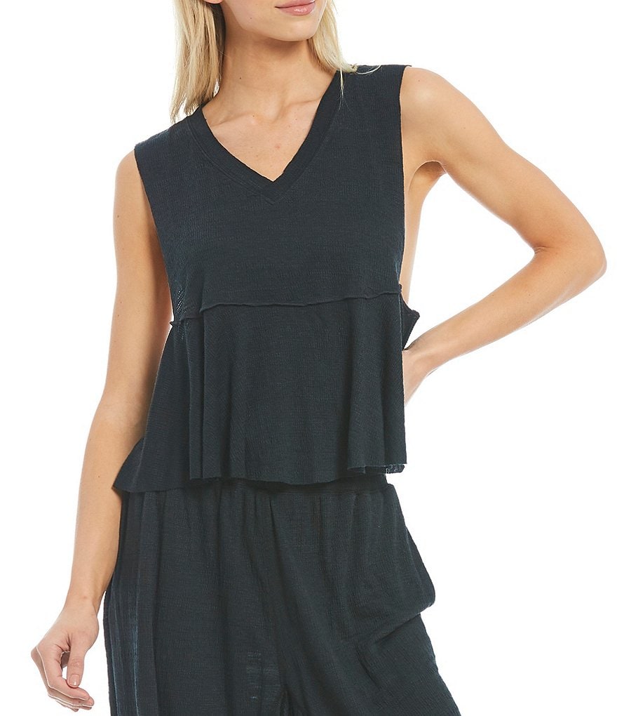 J.McLaughlin Durham Sleeveless Ruffle V-Neck Denim Blouse