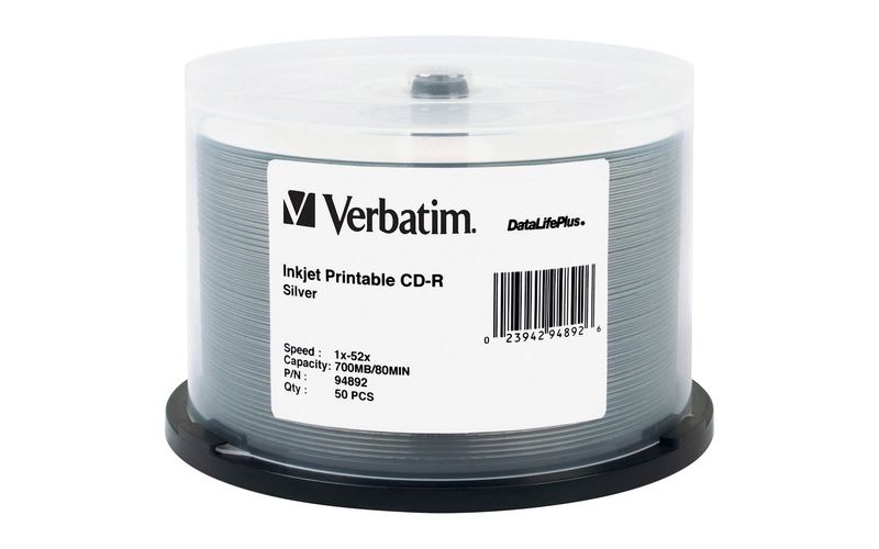 Verbatim CD-R 700MB 52X DataLifePlus Silver Inkjet Printable - 50pk Spindle - Printable - Inkjet Printable