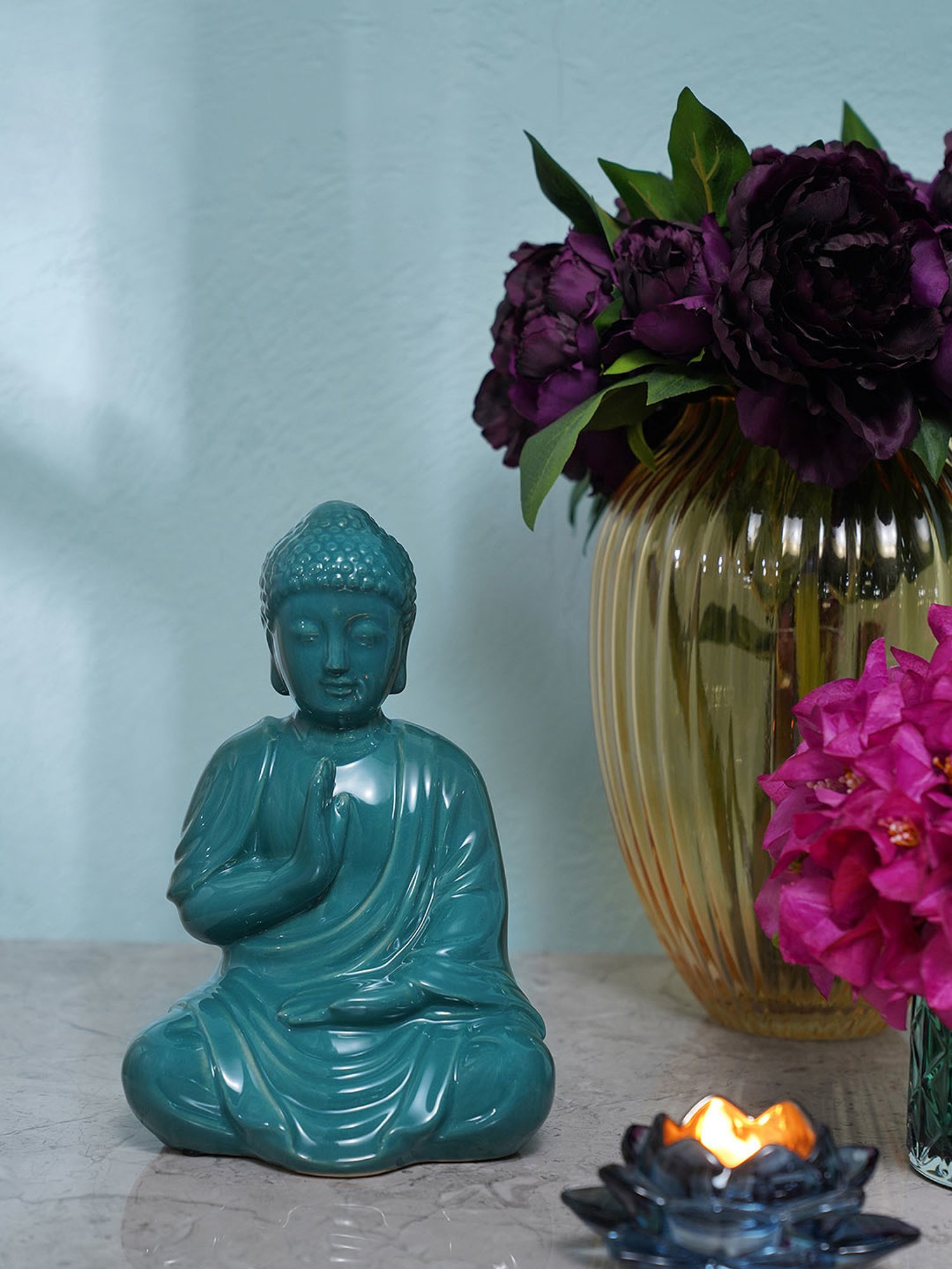 Pure Home and Living Teal Ceramic Sitting Buddha Figurine