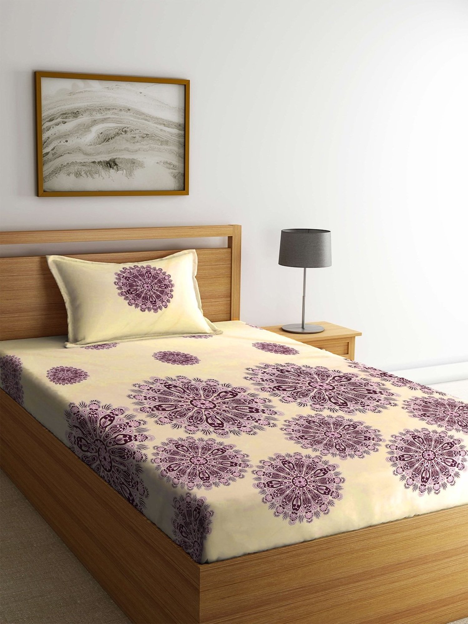 Klotthe Abstract Cream 210 TC Cotton Blend Single Bedsheet with 1 Pillow Cover