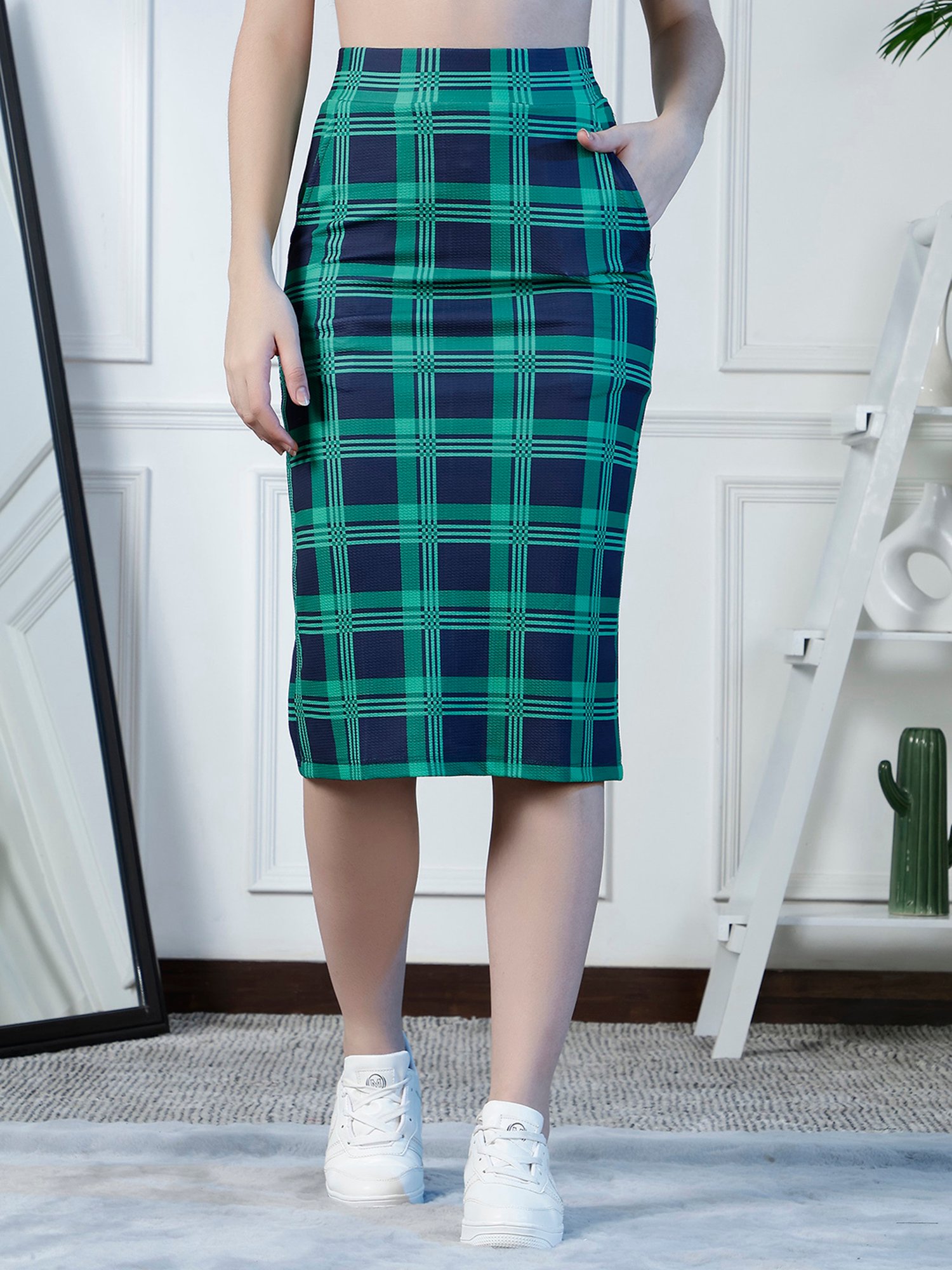 NEUDIS Green Checks Midi Skirt