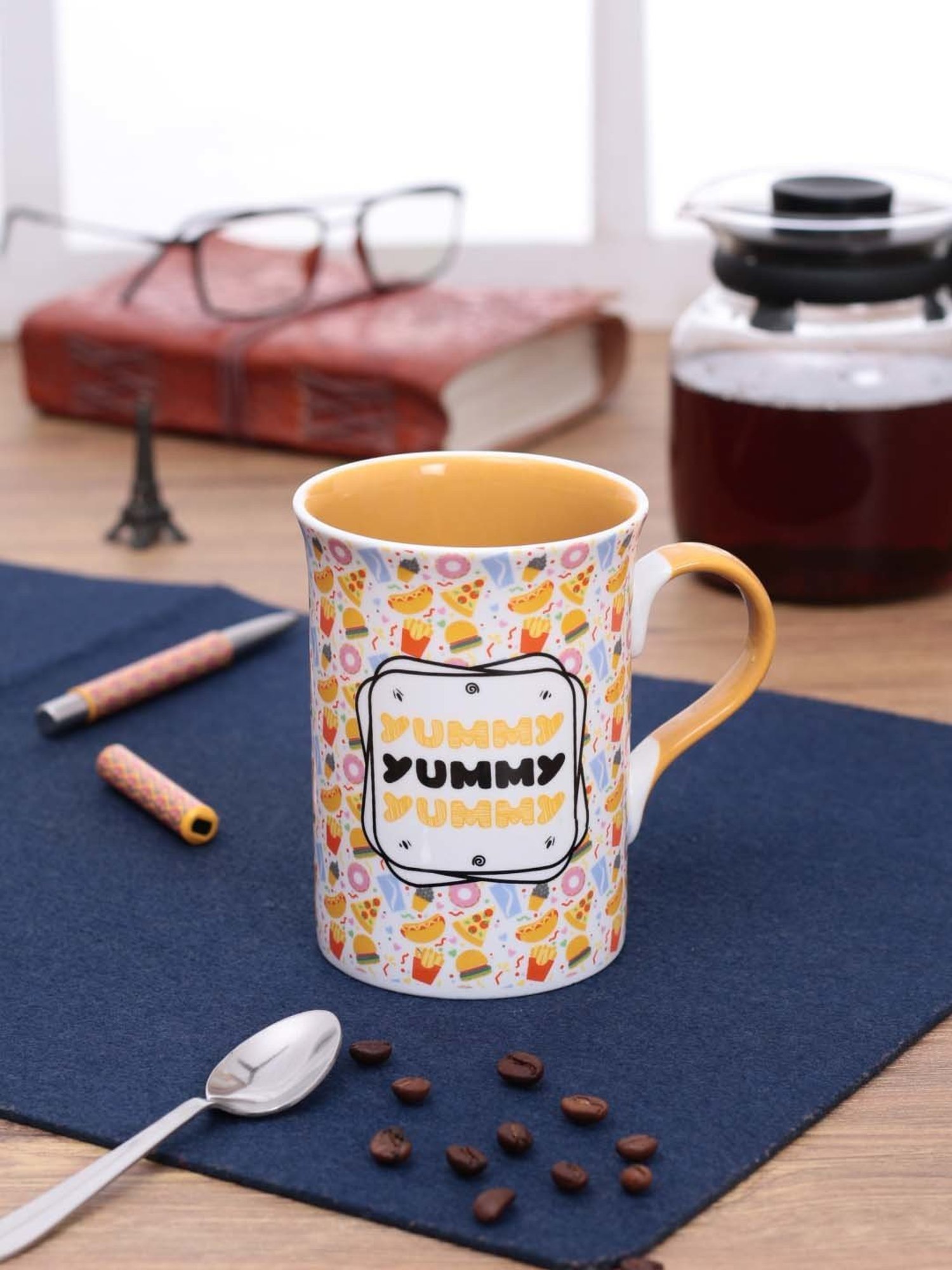 Clay Craft Think Food White & Yellow Ceramic Coffee Mug (0.35 L) - Set of 1
