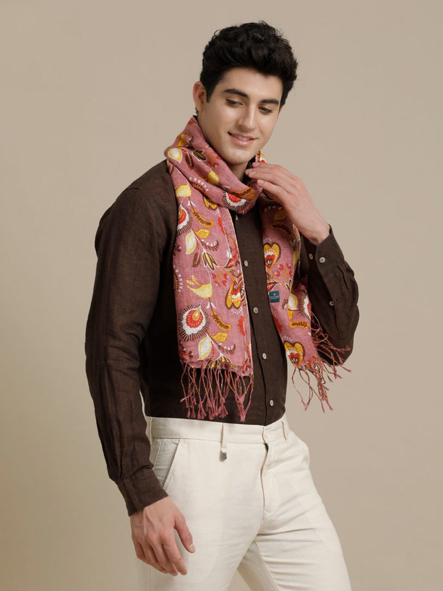 Linen Club Pink Printed Pure Linen Stole