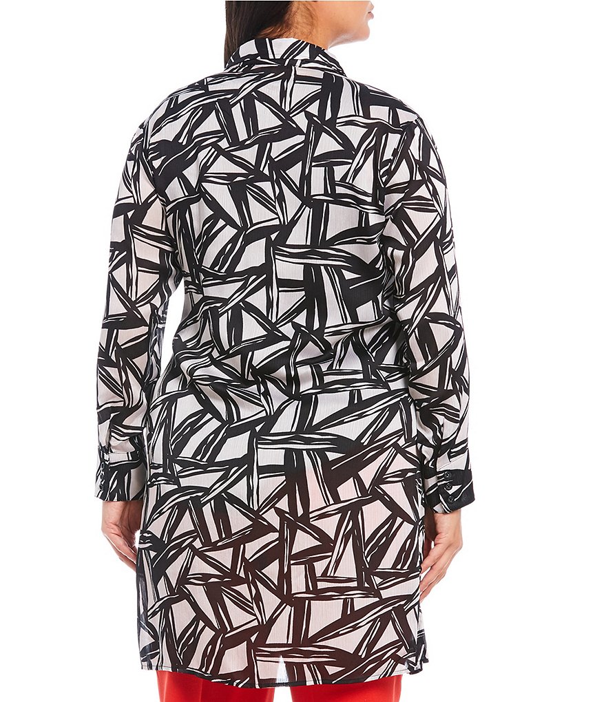 Kasper Plus Size Point Collar Neck Long Sleeve Abstract Geo Printed Satin Oxford Shirt Topper