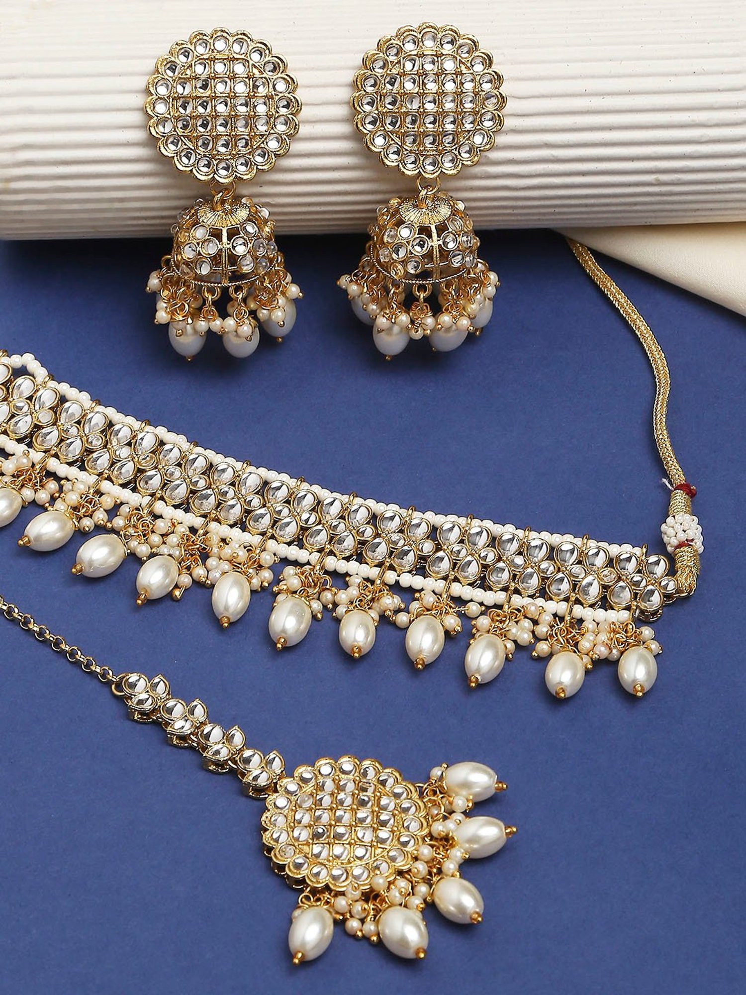 OOMPH Gold Tone Kundan & Pearls Choker Necklace Set with Jhumka Earrings & Maangtikka