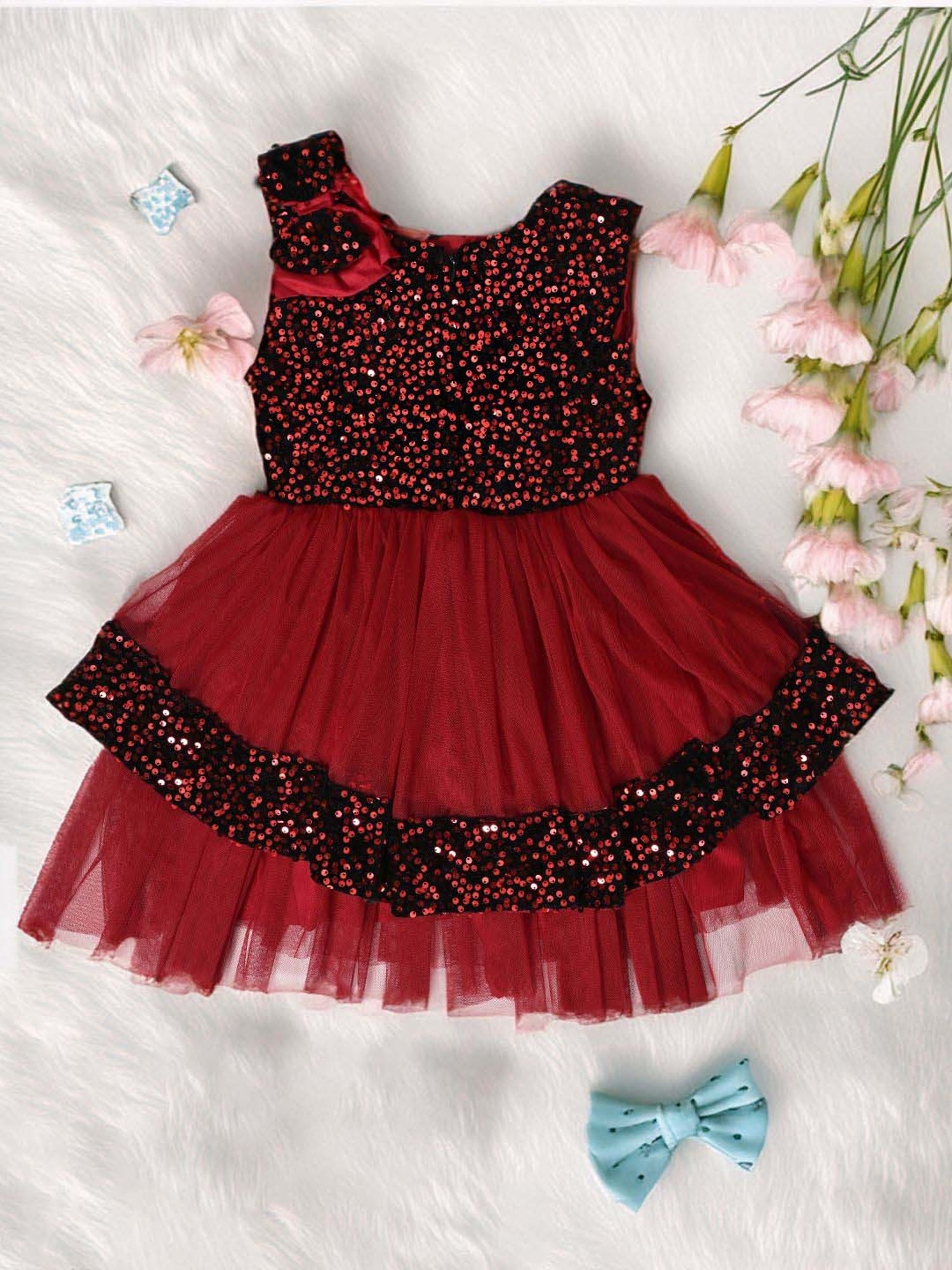 Bella Moda Kids Red Self Pattern Dress