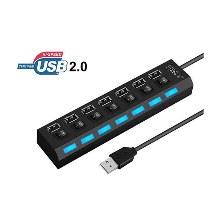 Black 7ports 7-Port USB 2.0 Hub with US Power Adapter with Independent Switches for pc laptop