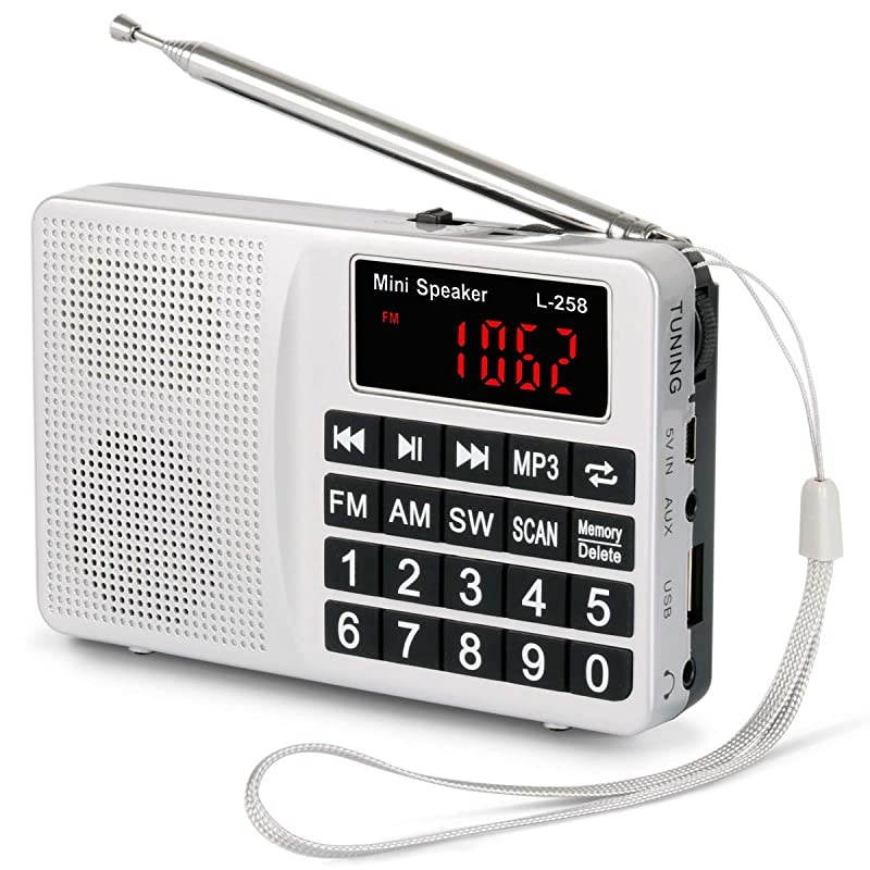 Small Portable Radio AM FM SW Digital Rechargeable Radio with Neodymium Speaker, Large Buttons, Support USB SD TF Card MP3 Player(Gold)