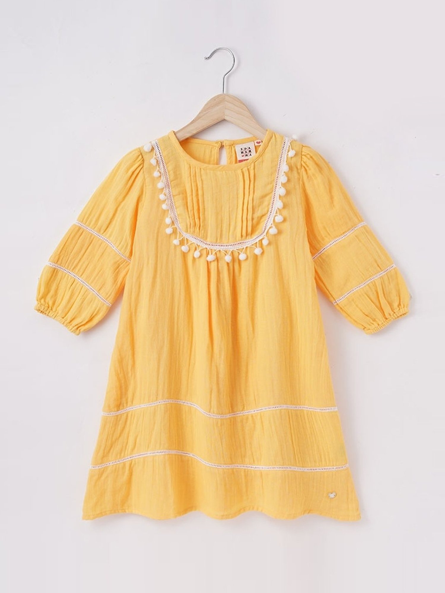 Ed-a-Mamma Kids Yellow Cotton Embroidered Dress