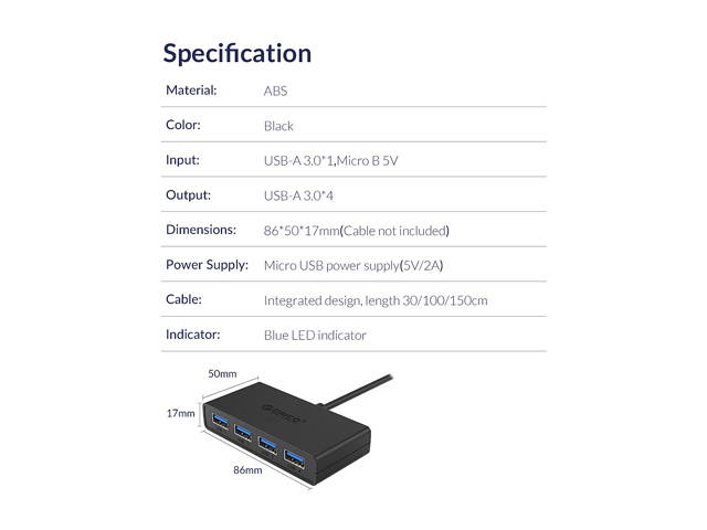 ORICO 4-Port USB 3.0 Data Hub with 4.92ft USB 3.0 Cable for Macbook, Mac Pro / mini, iMac, Surface Pro, XPS, Notebook PC, USB Flash Drives, Mobile HDD, and More