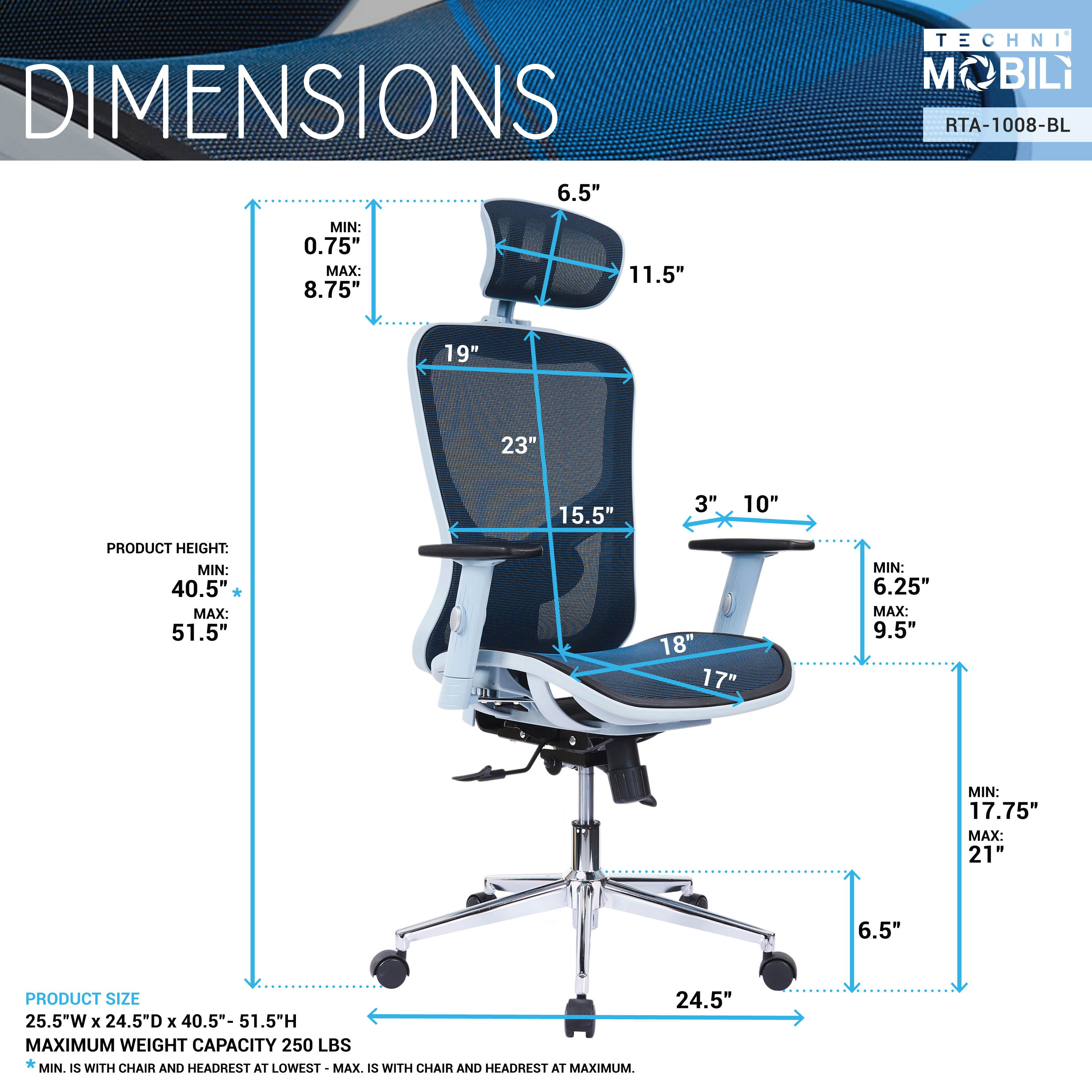 The Techni Mobili High Back Executive Mesh Office Chair with Arms, Headrest and Lumbar Support, Blue