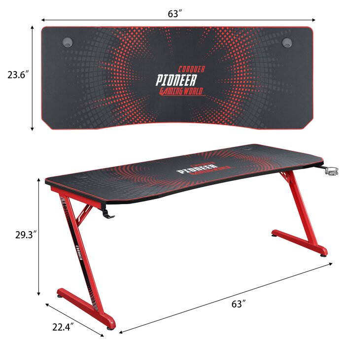 Devoko Gaming Desk 63 Inch Computer Gaming Desk Z-Shaped Pc Gaming Desk with Carben Fiber Surface Gamer Desk with Free Mouse Pad Home Office Desk with Cup Holder and Headphone Hook (Red)