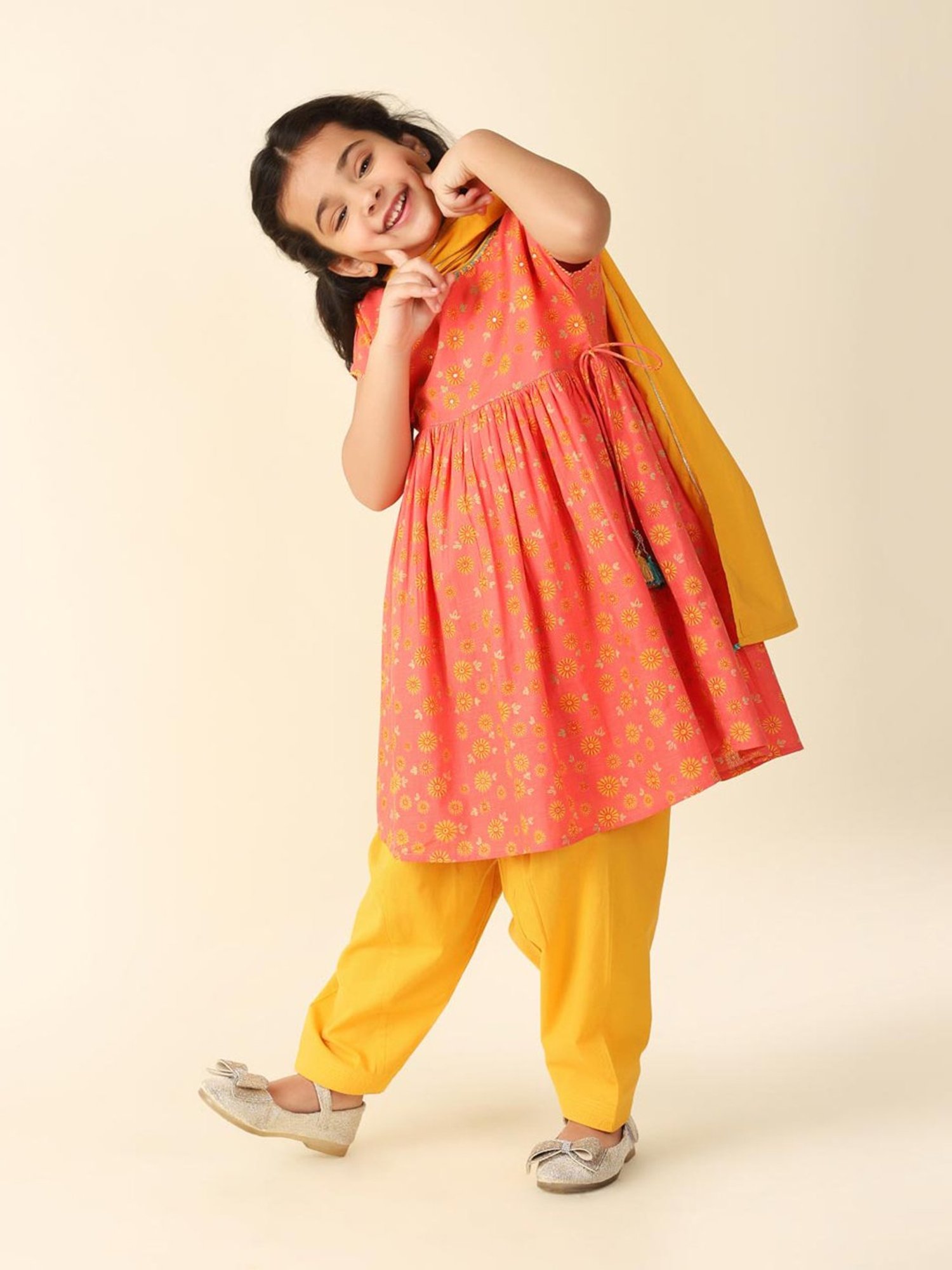 Fabindia Kids Coral & Yellow Floral Print Kurta, Salwar with Dupatta