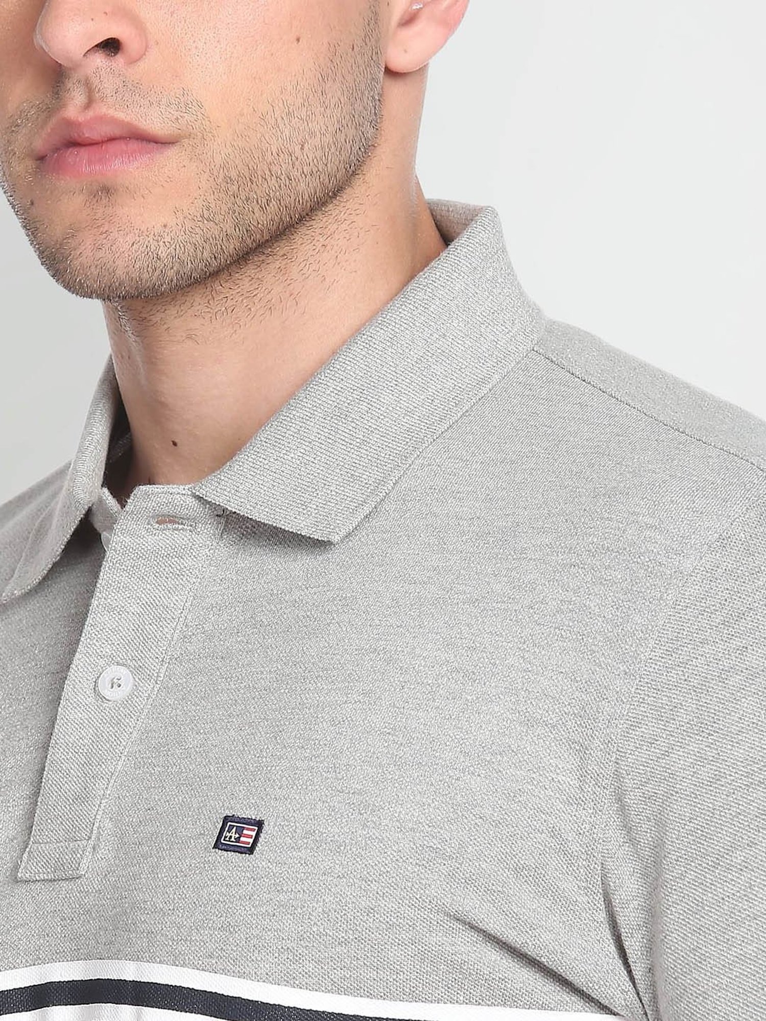 Arrow Sport Dark Grey Cotton Regular Fit Striped Polo T-Shirt