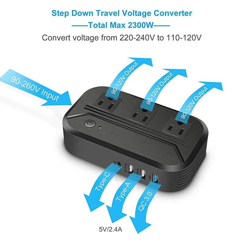 Converter 2300W Power Step Down 220V to 110V Universal Travel Adapter Power Converter Power Transformer w 3 AC Outlets 3 USB Ports 1 TypeC Charging EUUKAUUSITSouth Africa Black