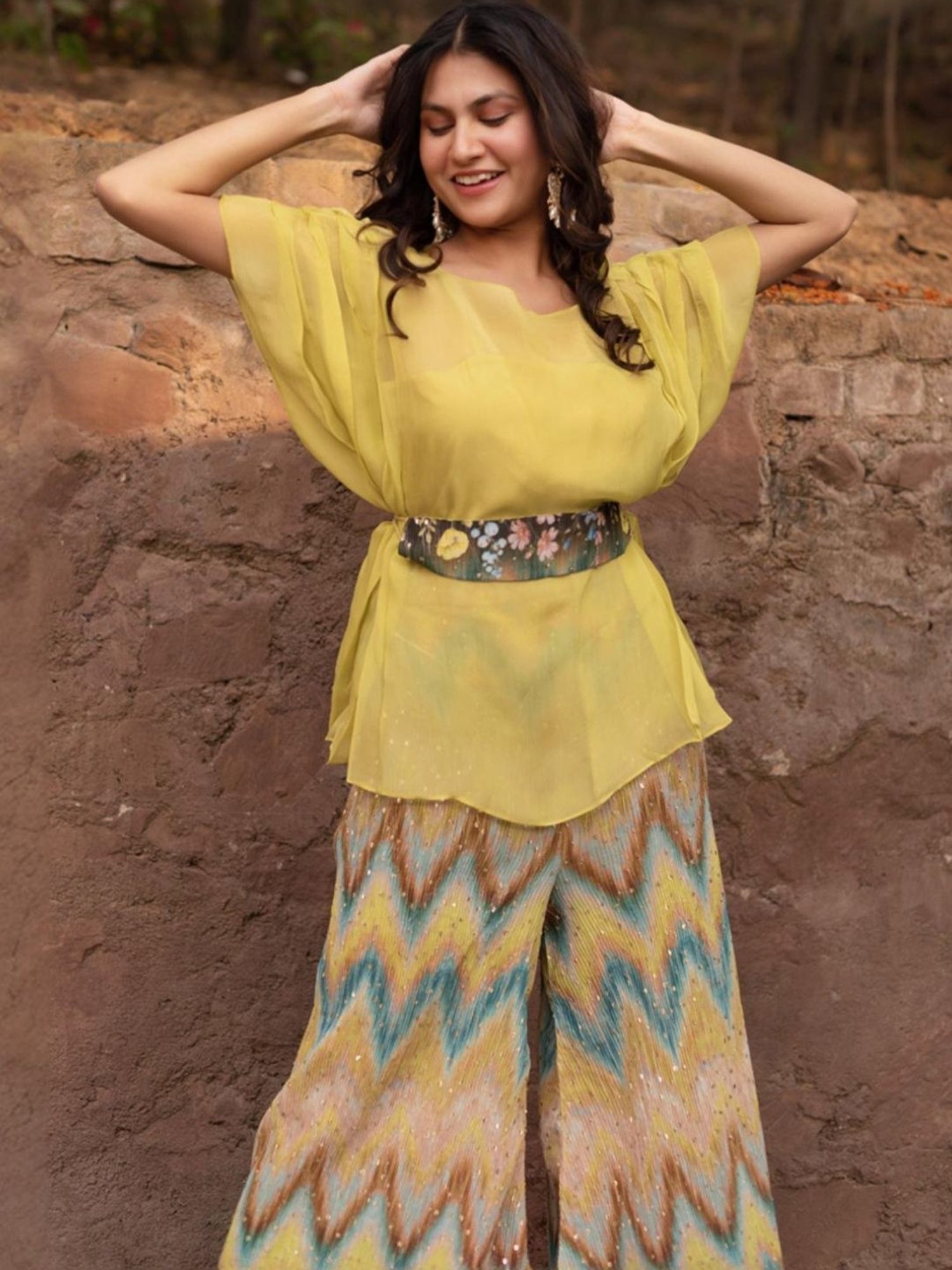 Calmna Black & Yellow Chrused Top with Sharara
