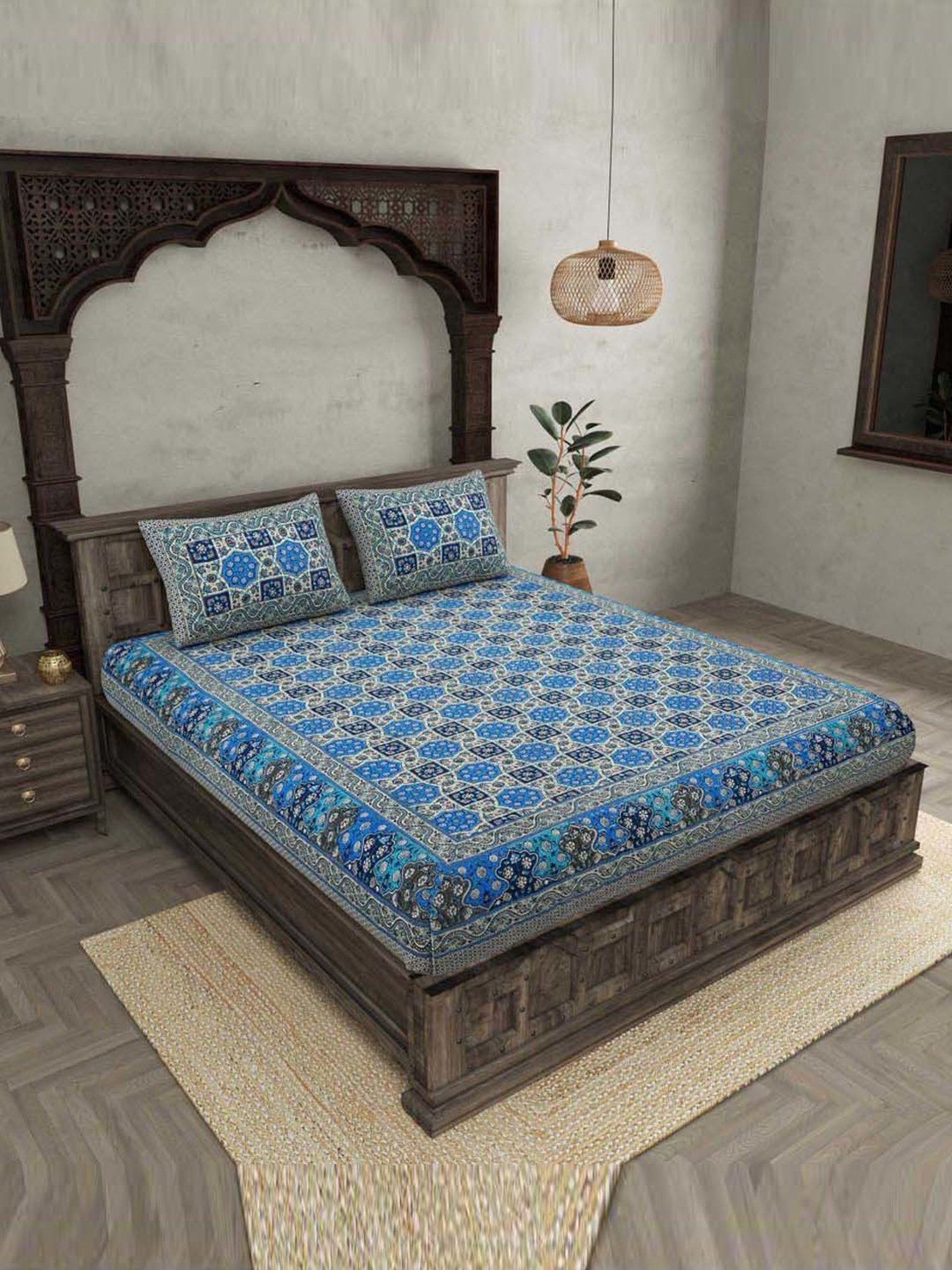 JaipurFabric Denim Blue Cotton 180 TC Double Bedsheet with 2 Pillow Covers