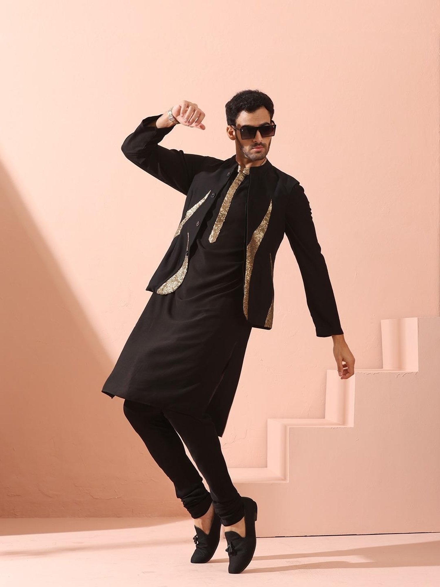Swtantra Black Regular Fit Embellished Nehru Jacket